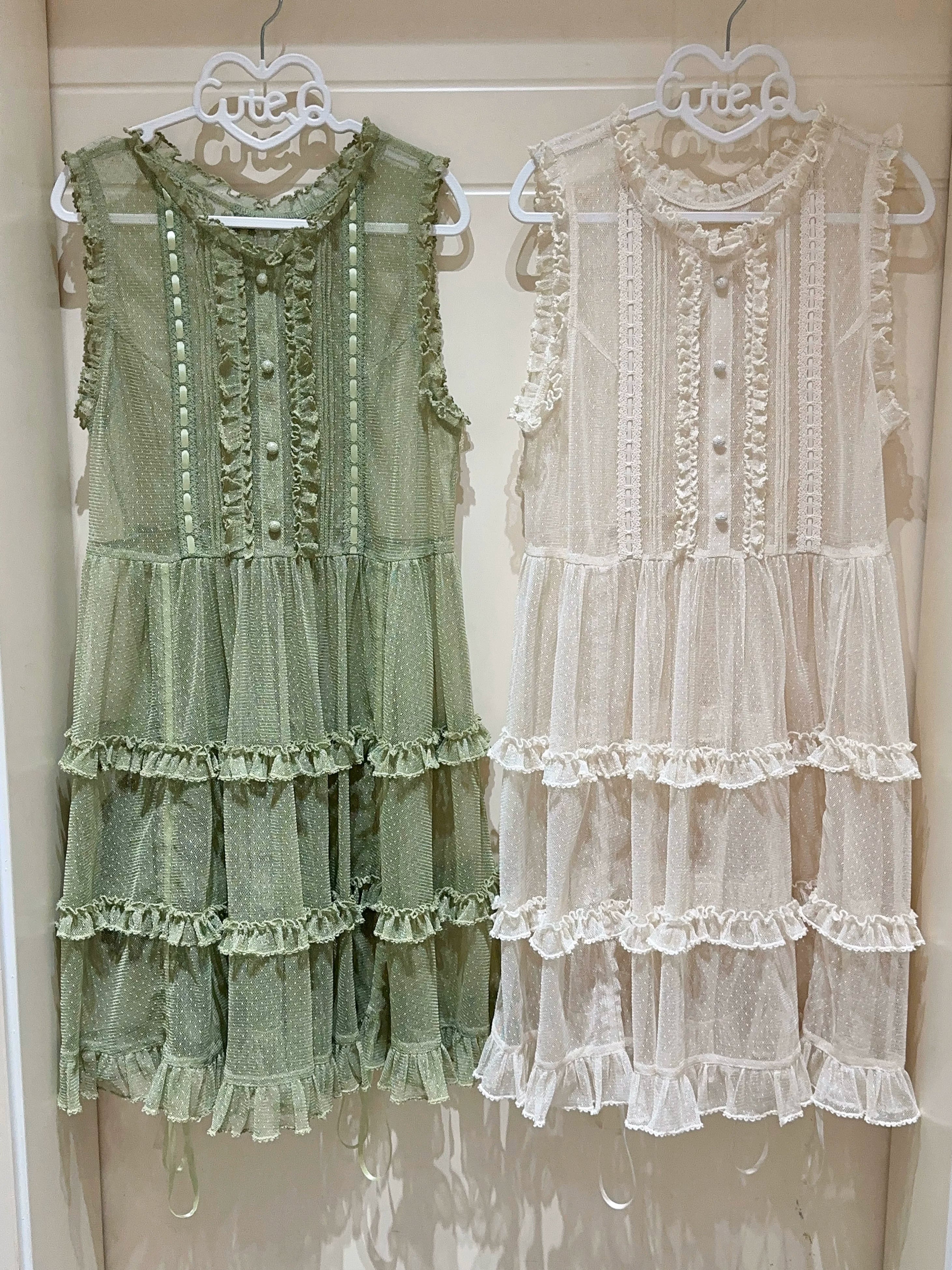 Flower Rabbit Bear - Country Lolita Tiered Skirt Dress, Floral & Bear Print Green Overlay Only (with 4 detachable flower brooches ) S