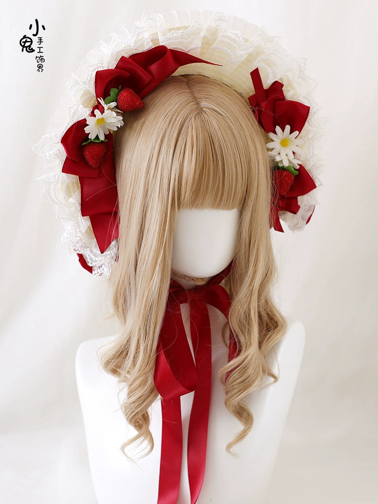 Xiaogui - Sweet Lolita Hat Strawberry Bonnet with Lace and Bow