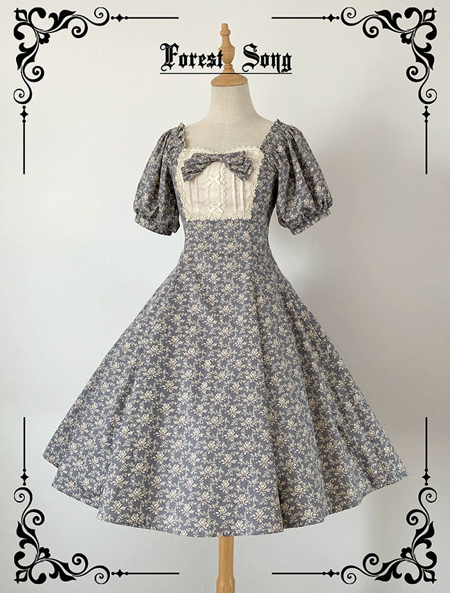 Forest Song - Pastoral Poem - Elegant Lolita OP Dress Floral Print 6-Piece Cut Lolita Dress S Blue Purple Floral Wall OP (in-stock)