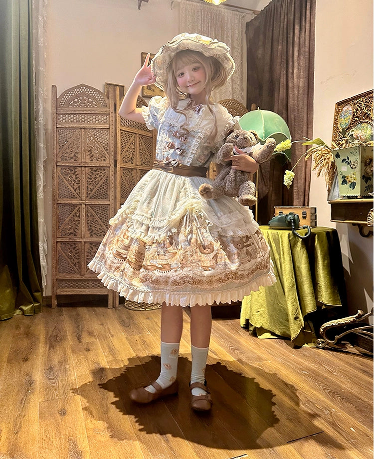 Wendy's Wardrobe - Macaron Bear - Cotton Kawaii Lolita Dress Suit, Bear & Dessert Print