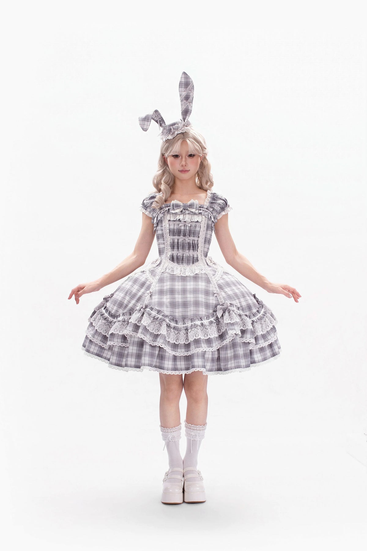 Plaid Lace Bunny - Old School Lolita Plaid OP Dress, Lace Trim 45992:871267