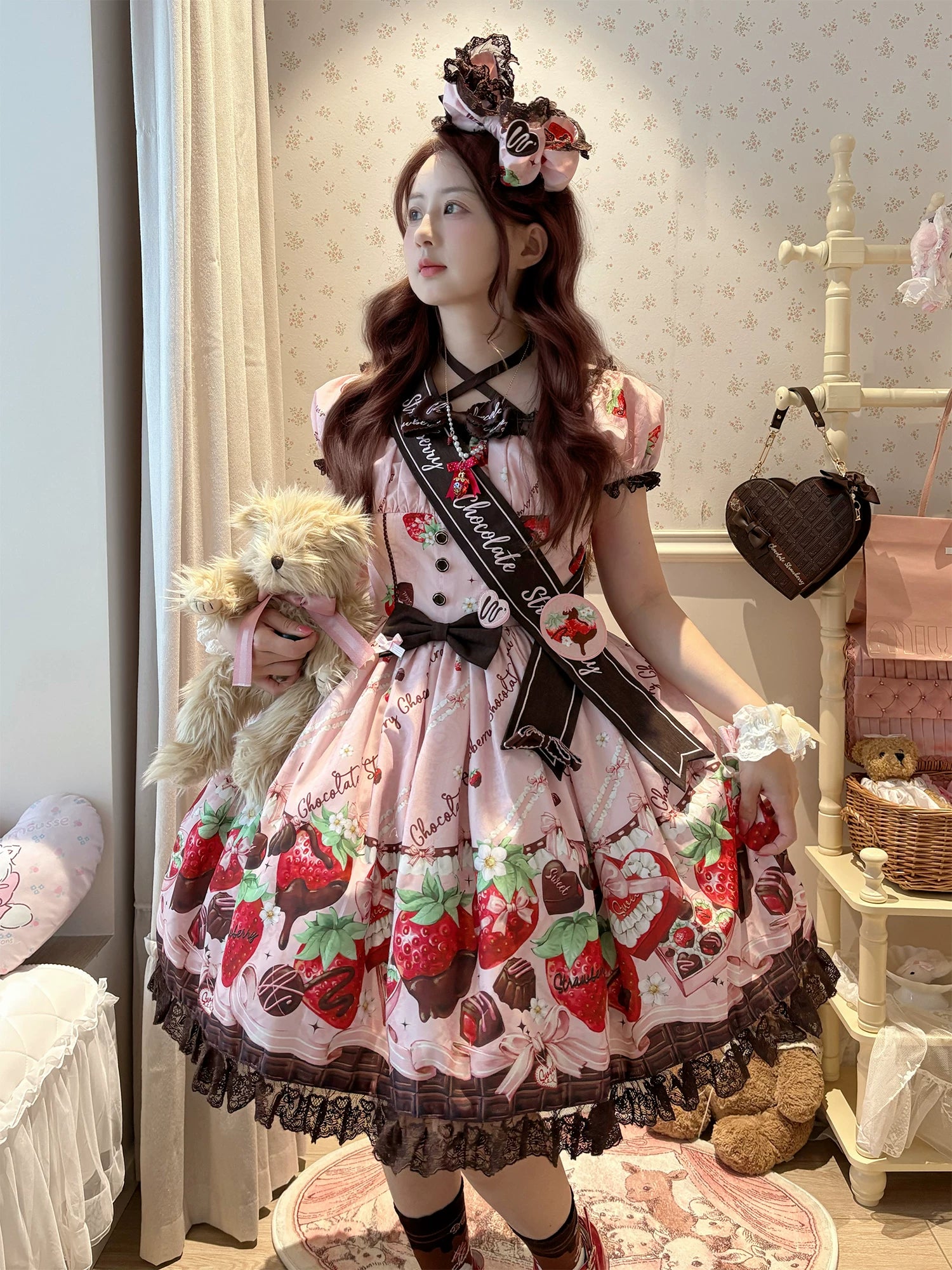 Strawberry Chocolate Lovers - Kawaii Lolita Embroidered Printed Dress