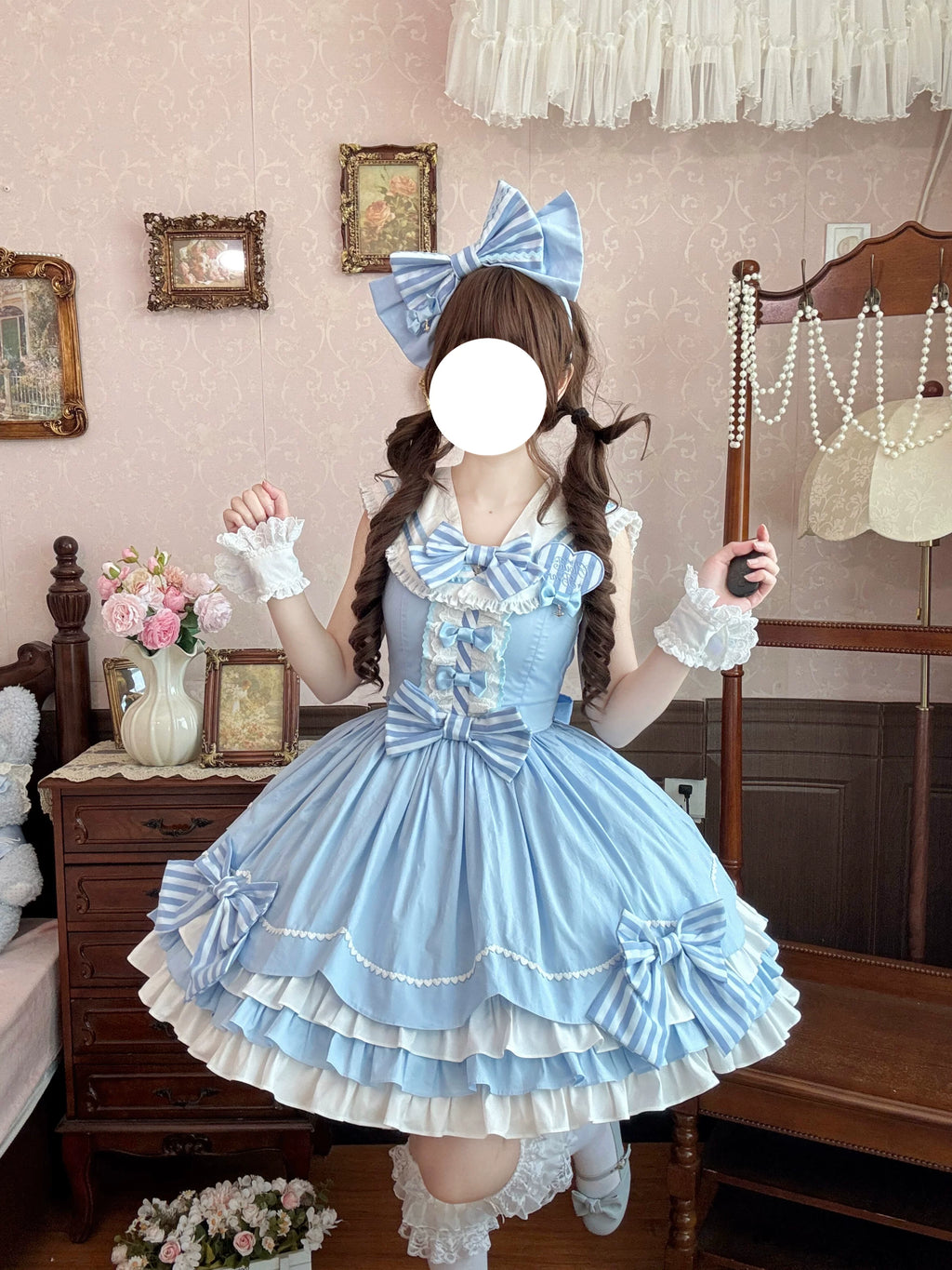 Old School Lolita Sailor Collar JSK Dress with Striped Bows