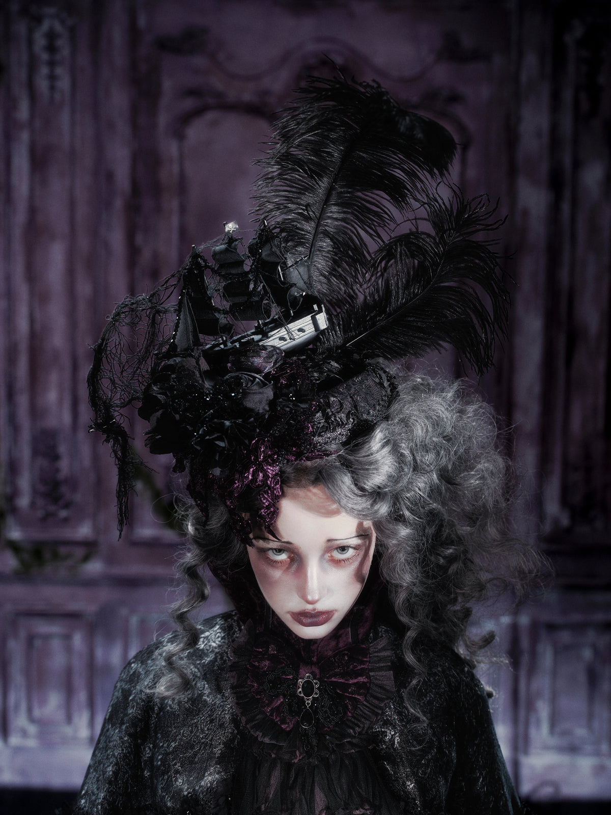 Undead's Gift - Halloween Gothic Lolita Sailboat Top Hat, Feather & Lace 46022:872790