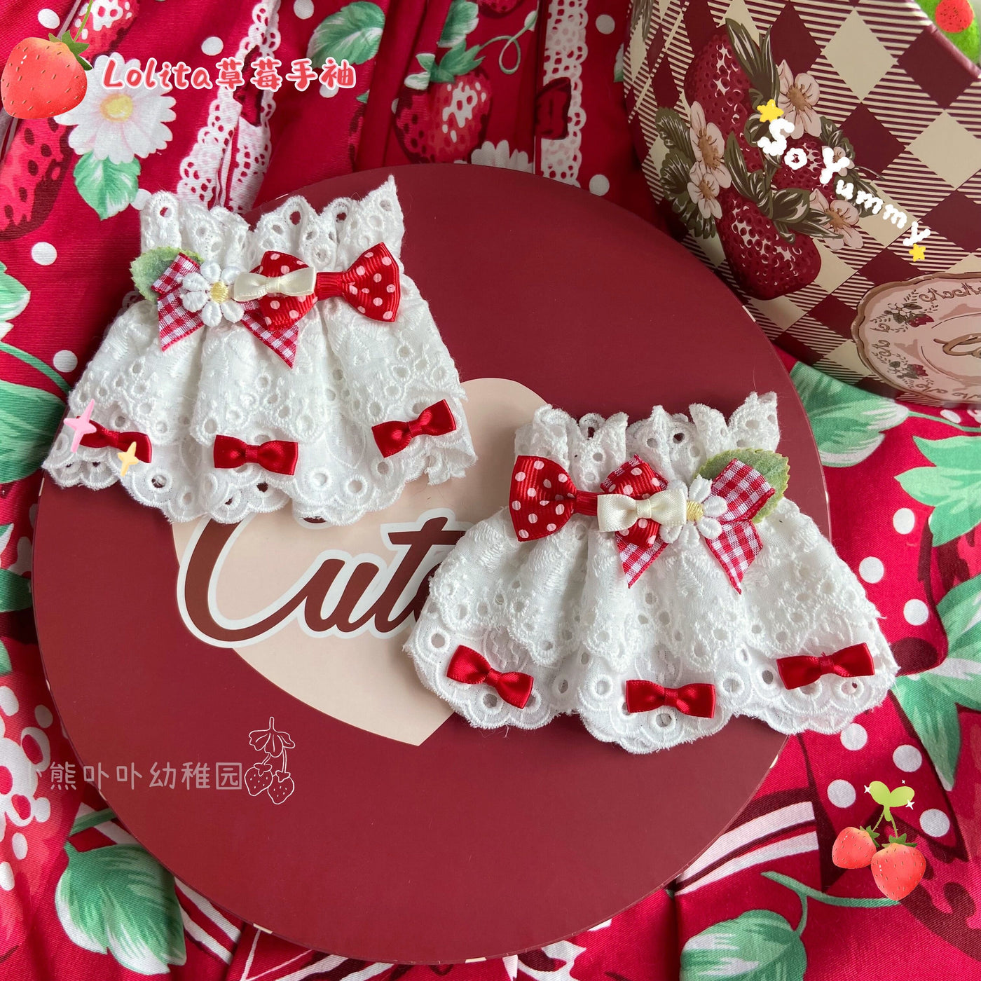 Bear Doll~Original Cute Lolita Bow Cuffs red strawberry cuffs  