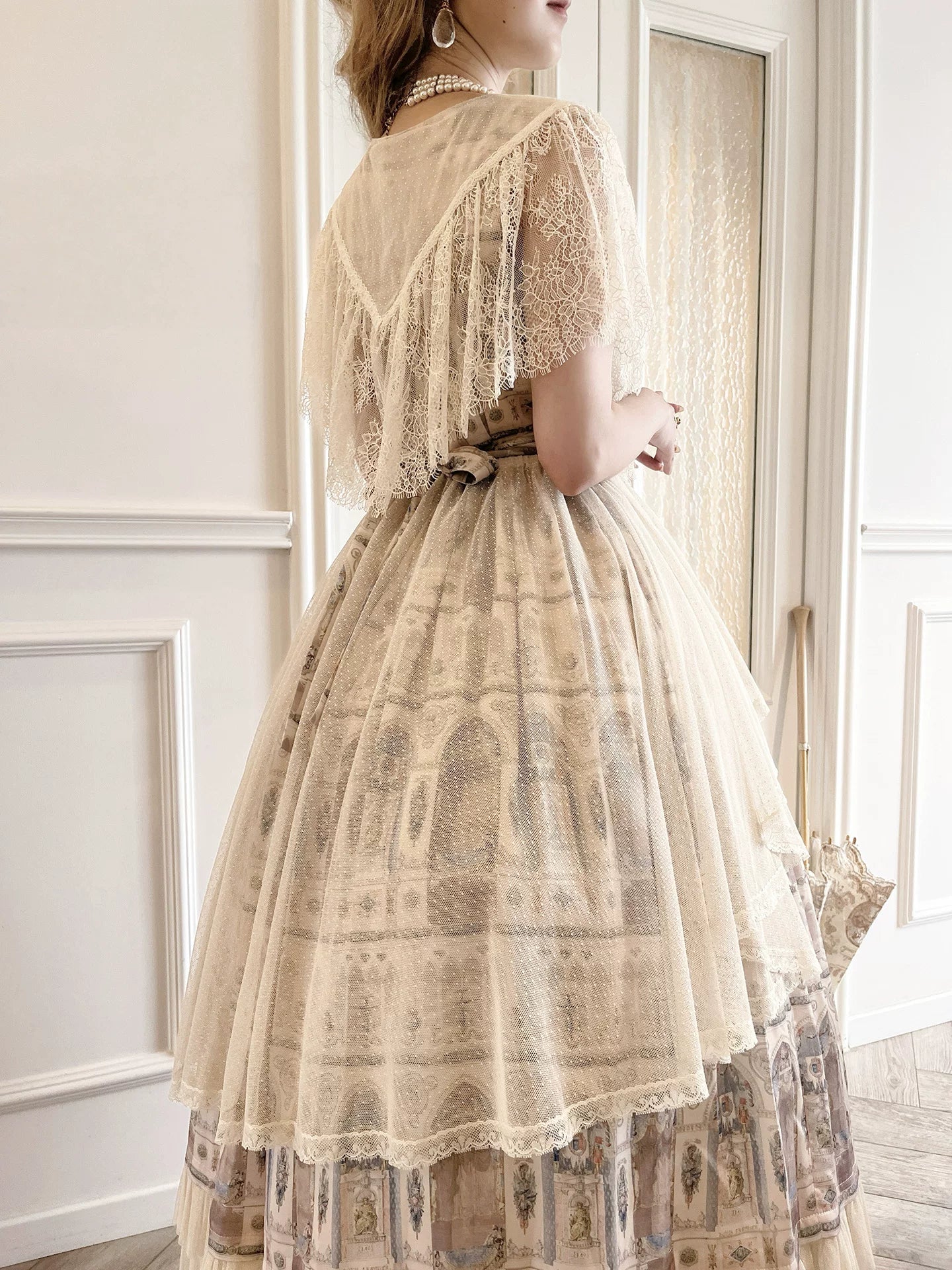 Reims Cathedral - Printed Classic Lolita Dress, Detachable Gauze Outlayer 44701:819198