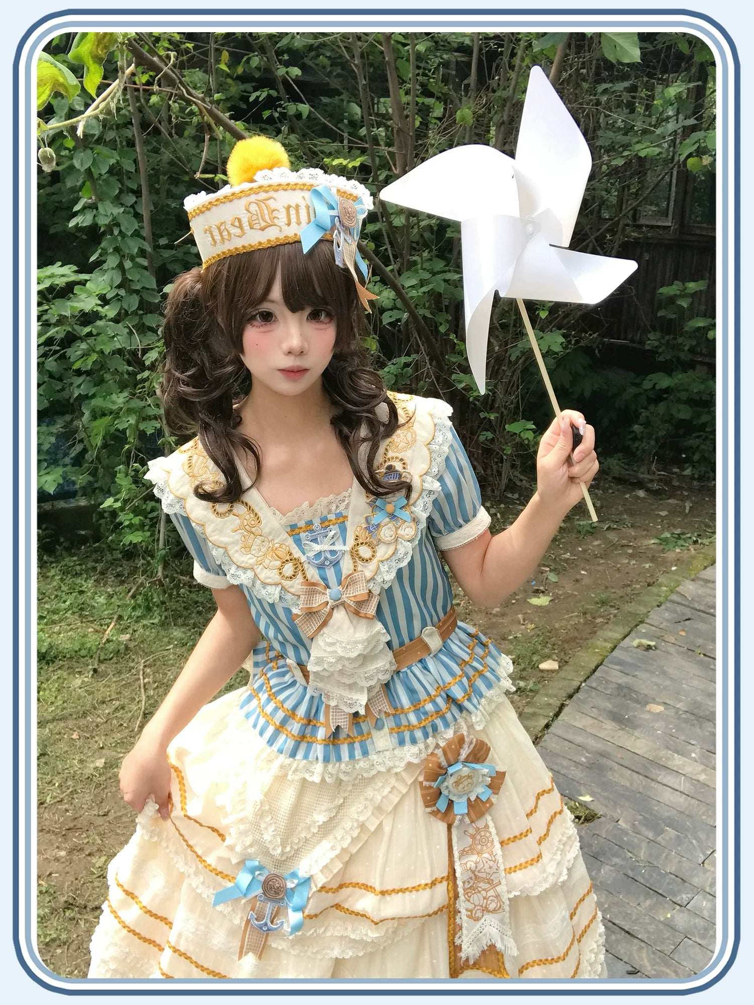 Antique Naval Bear - Striped Classic Lolita Sailor Collar OP, Bear Embroidery 45518:854020