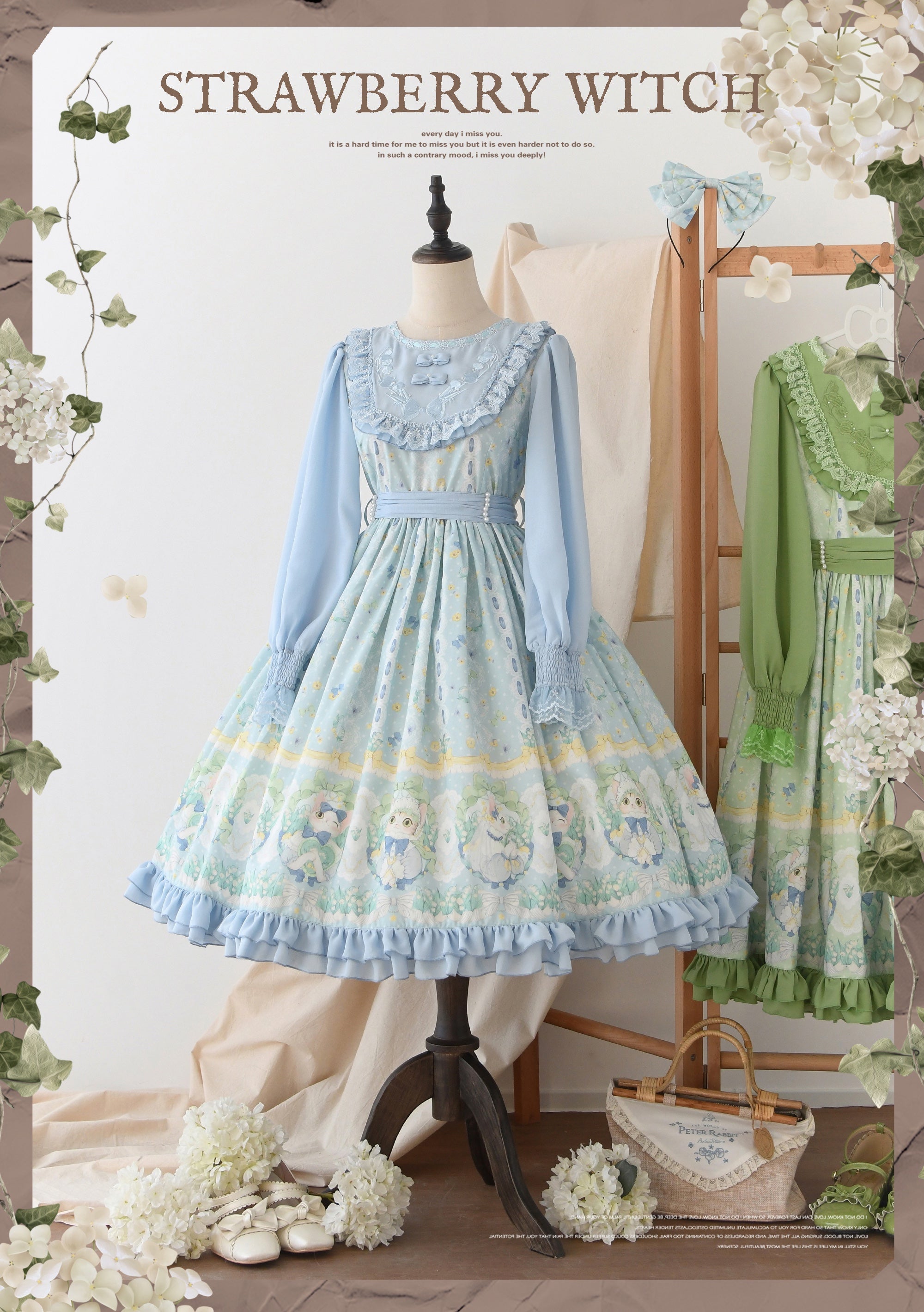 Strawberry Witch - Lily of the Valley Kitten - Country Lolita OP with Embroidery and Cat Print Blue OP - long sleeves S OP Only