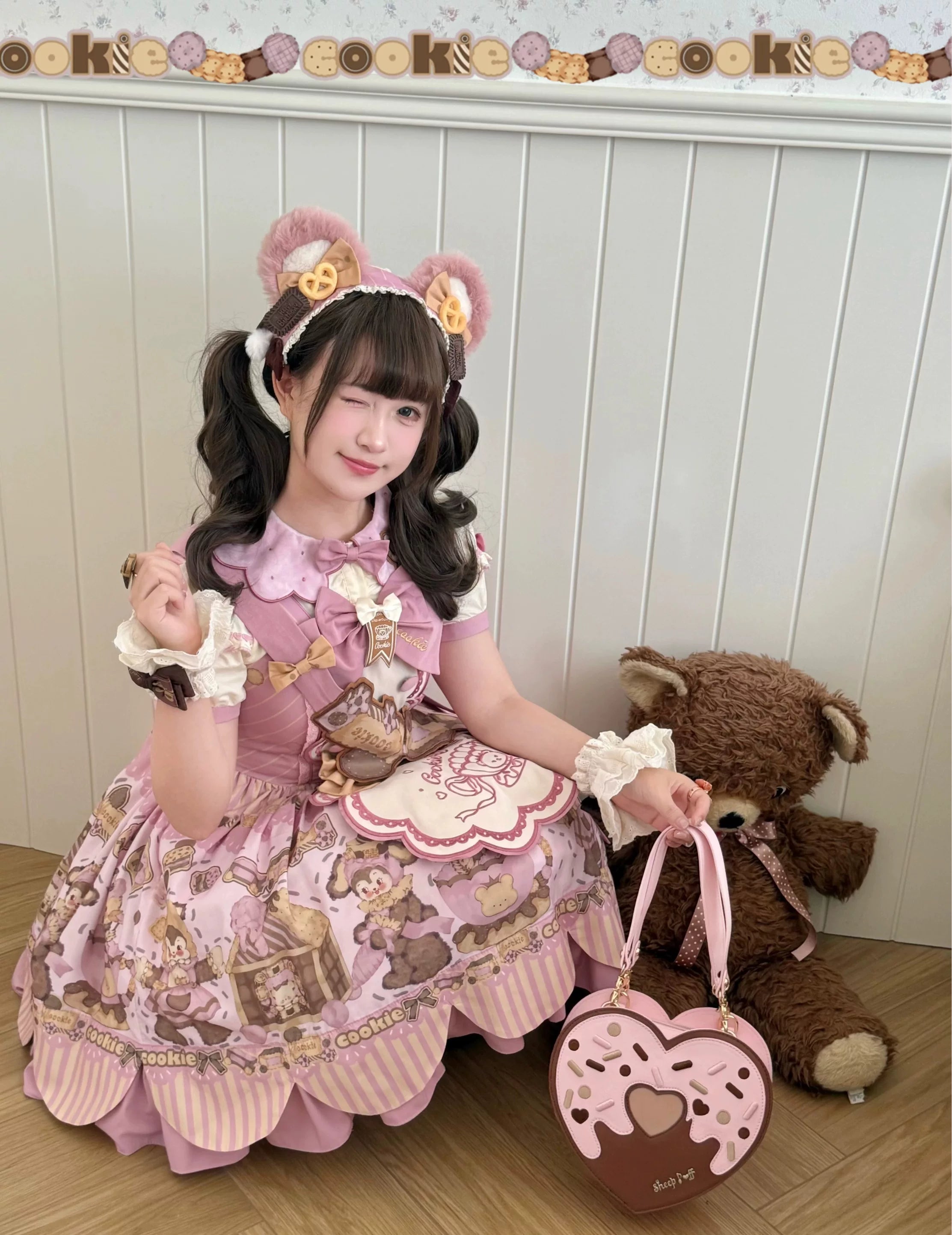 Bear Biscuit SP - Kawaii Lolita Bear Printed Dress Set with Bows