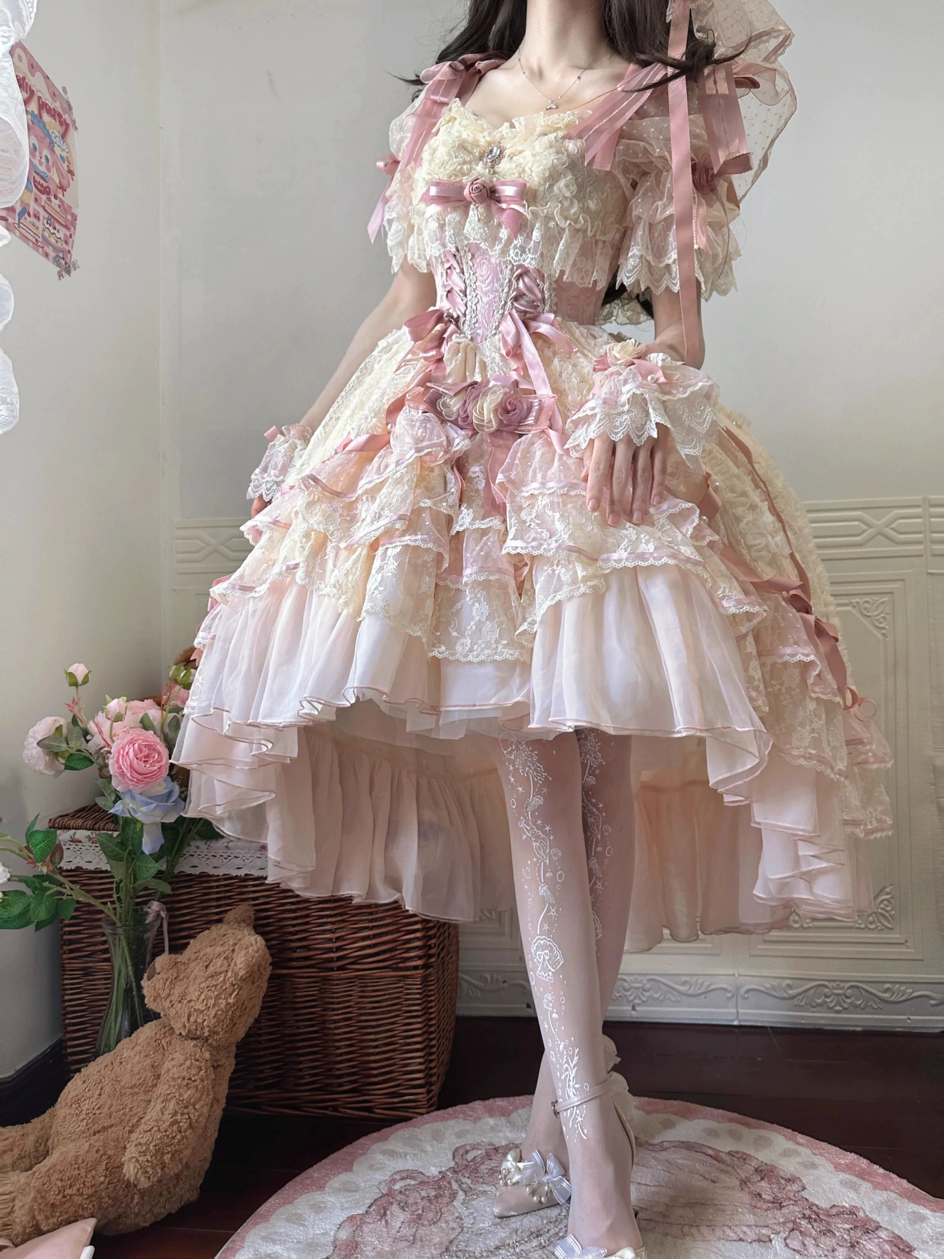 MieYe - Diana Rose - Bridal Lolita Dress Short Wedding OP with Accessories 41638:708732