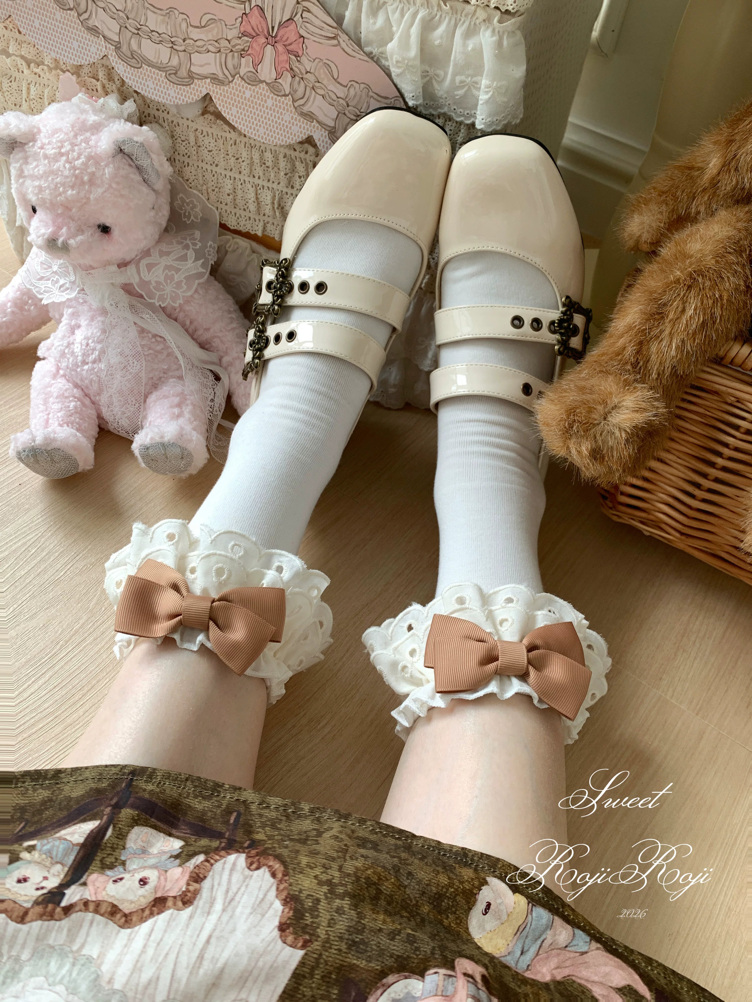 Cotton Classic Lolita Calf Socks, Double Layer Trim & Bow 45730:859929