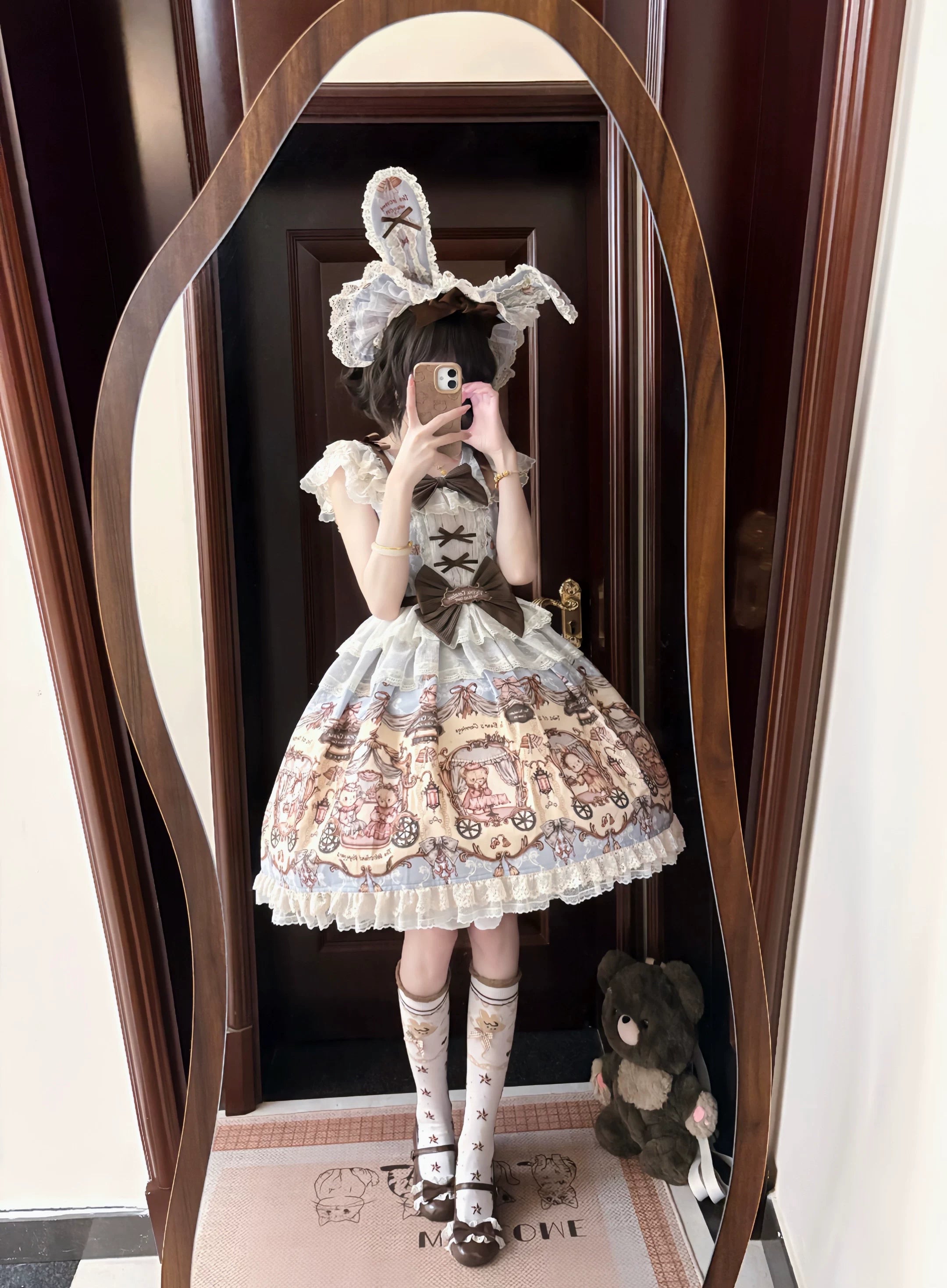 Bunny and Bear - Printed Sweet Lolita Dress, Lace and Bow Details Blue JSK Only S