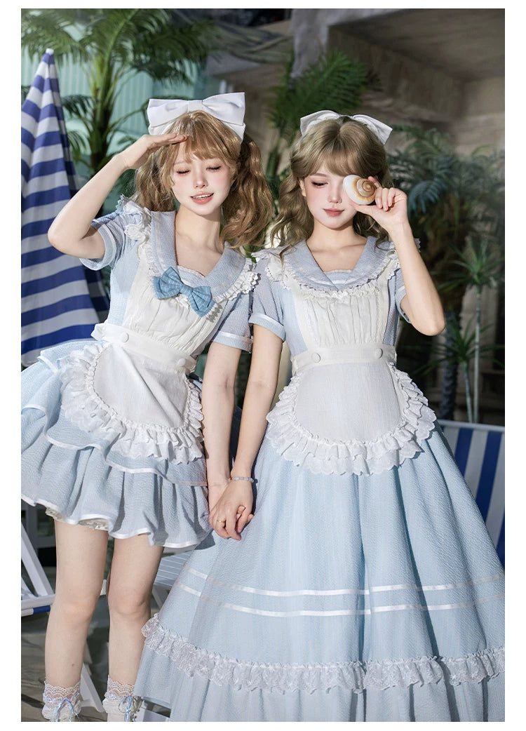 Seven-Day Bell - Blue Classic Lolita Striped OP Dress, Sailor Collar