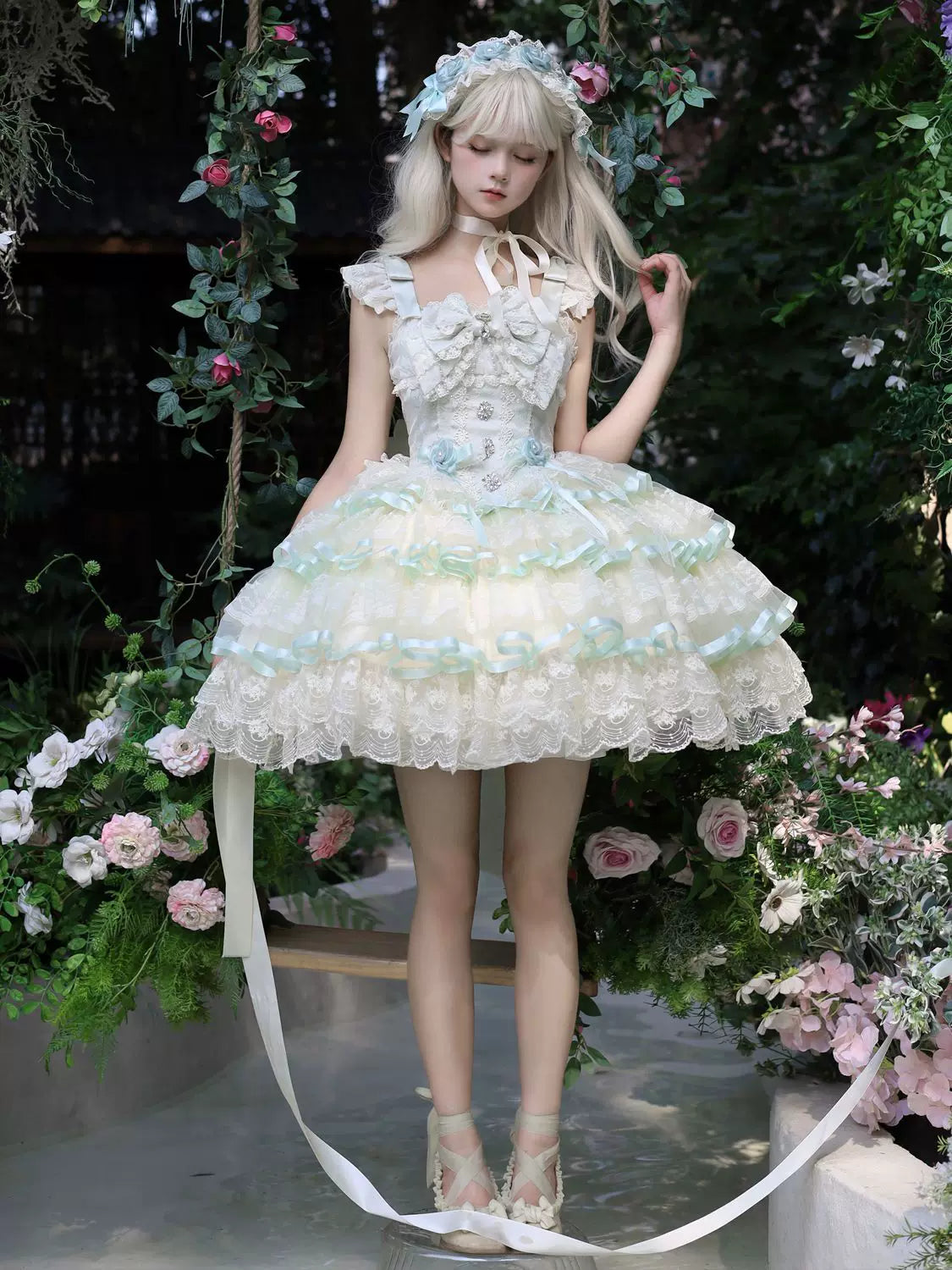 Rose Whirl - Sweet Lolita JSK Dress, Floral & Rhinestone Decoration JSK Only S