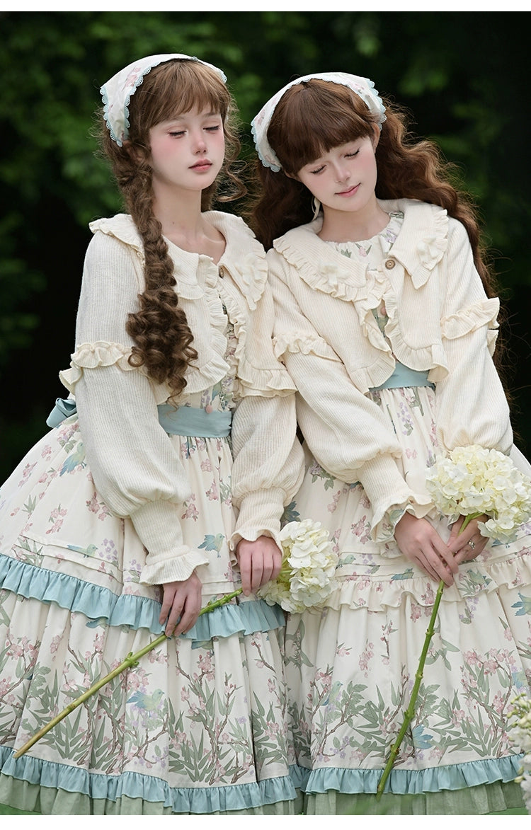 With PUJI - Oriole Time - Country Lolita JSK and OP Dress, Floral and Bird Print 44048:794566