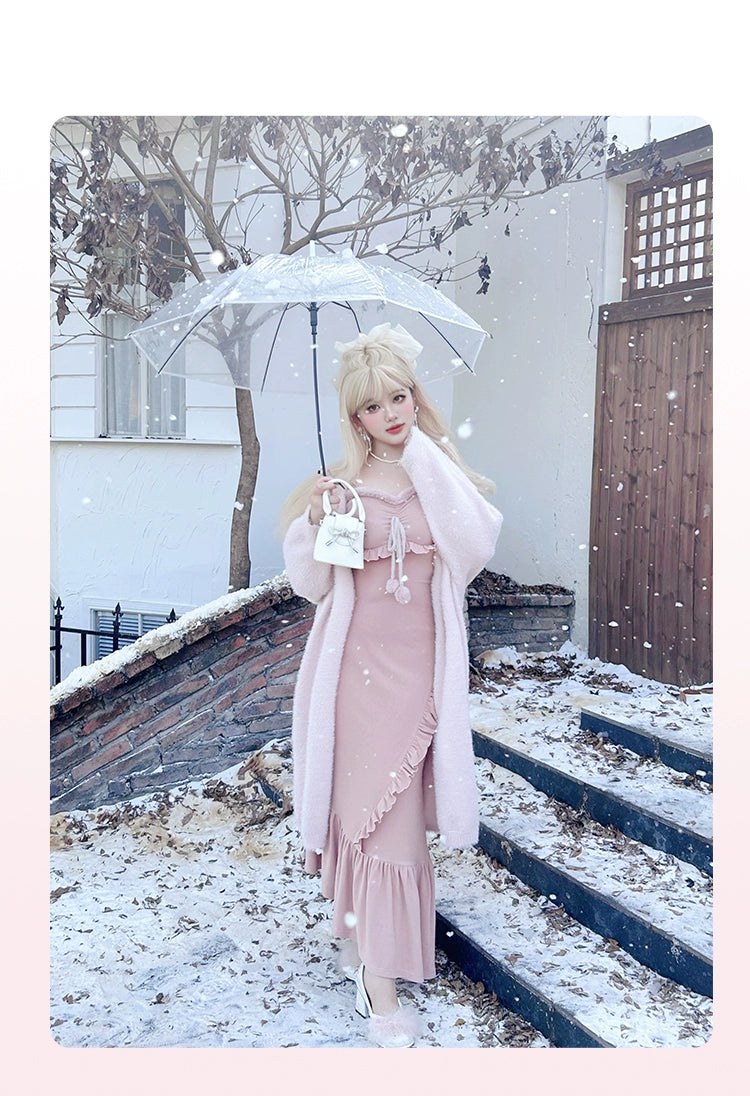 Yingtang~Plus Size Lolita Suit Knitted Fishtail Lolita Dress XL Pink ferret fleece sweater 