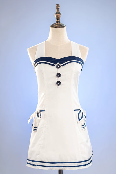 (BFM)Doris Night~Corlobacoo Go to Beach! Sailor Lolita Backless Dress S White with blue JSK only 