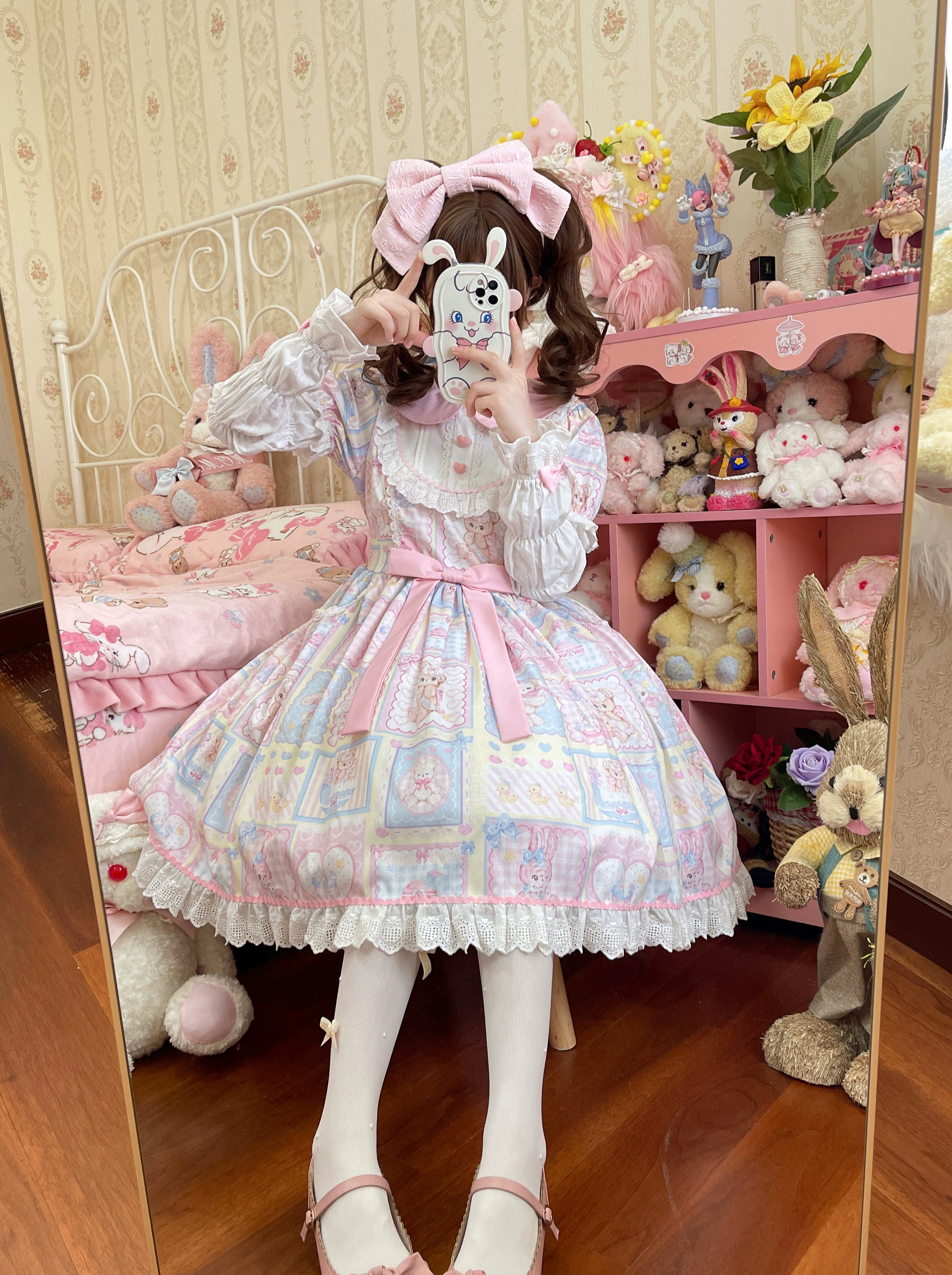 Hanguliang - Sweet Bunny Bear - Sweet Lolita Dress Long Sleeve Winter Lolita OP M Yellow OP