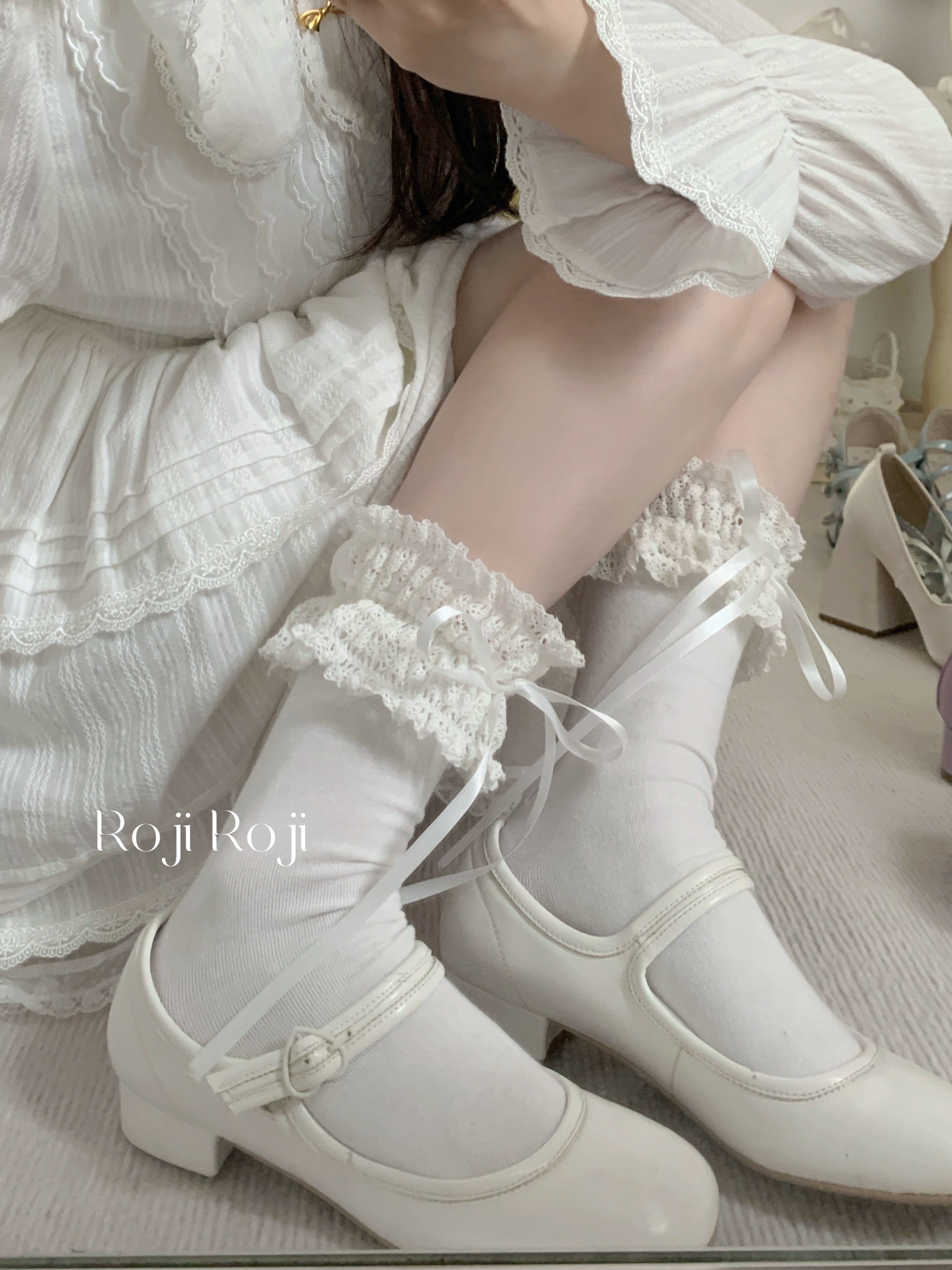 Roji Roji - Gentle Town - Sweet Lolita Cotton Calf Socks, Ankle Socks White ankle socks One Size
