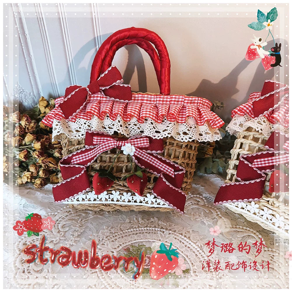 Country Lolita Straw-woven Bag, Strawberry Accent
