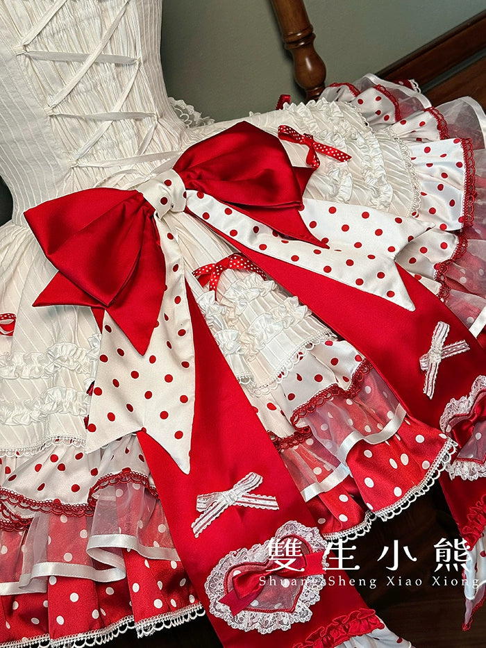 Shuang Sheng Xiao Xiong - Bite The Cake - Sweet Lolita Dress, Red & White Polka Dots 43600:780709