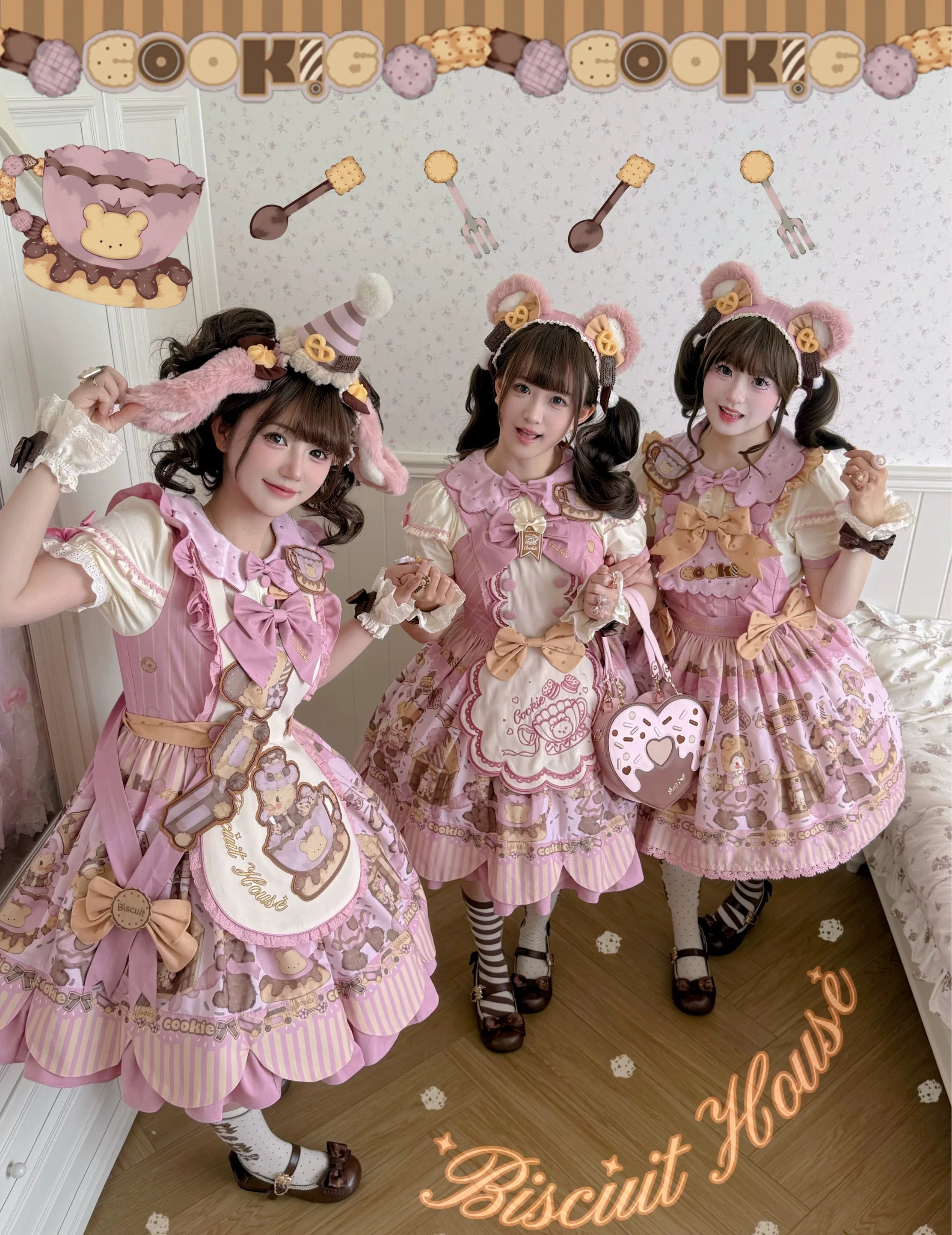 Bear Biscuit SP - Kawaii Lolita Bear Printed Dress Set with Bows