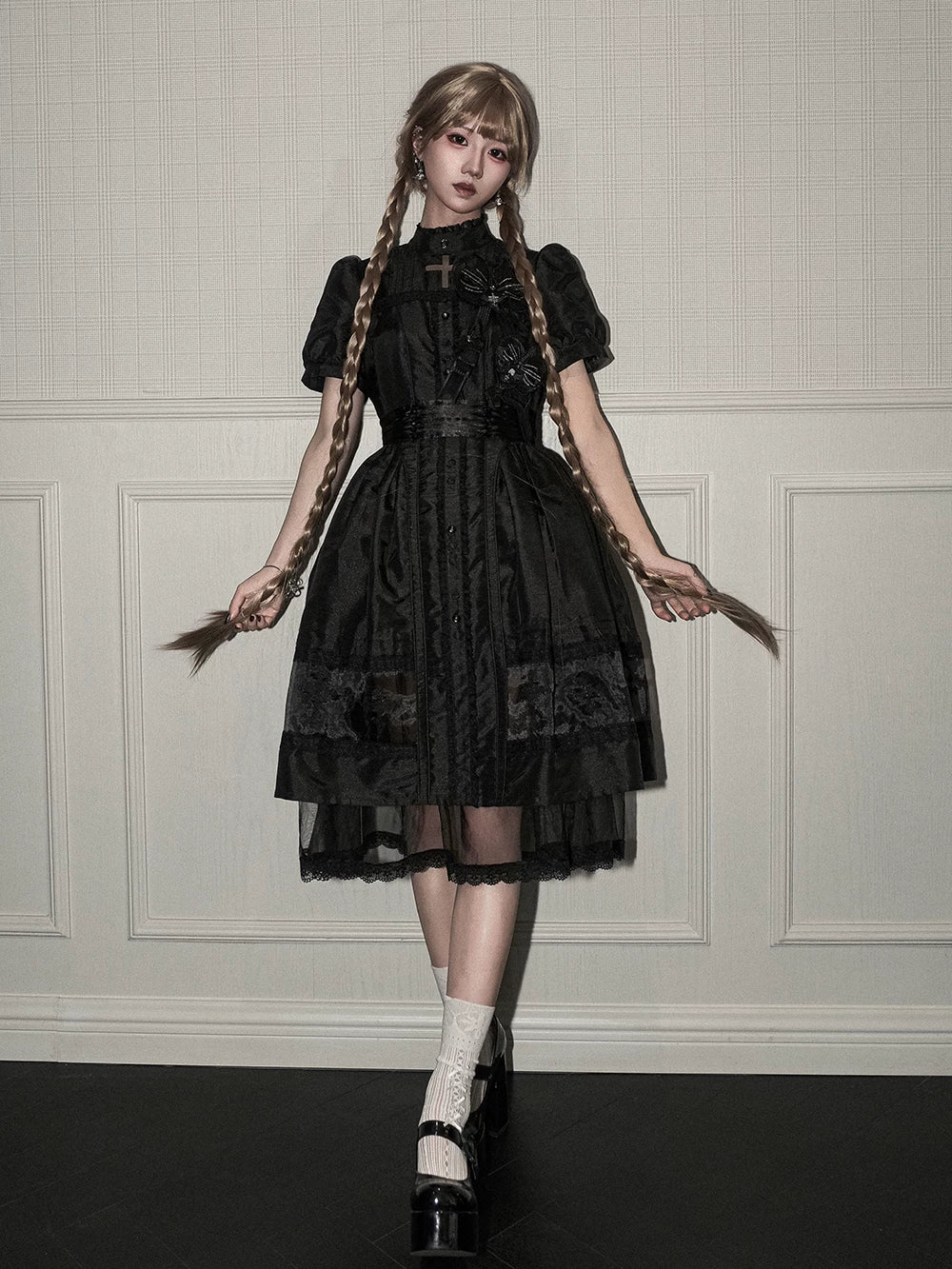 Ghost Orchid - Gothic Lolita OP Dress, Embroidered Cross
