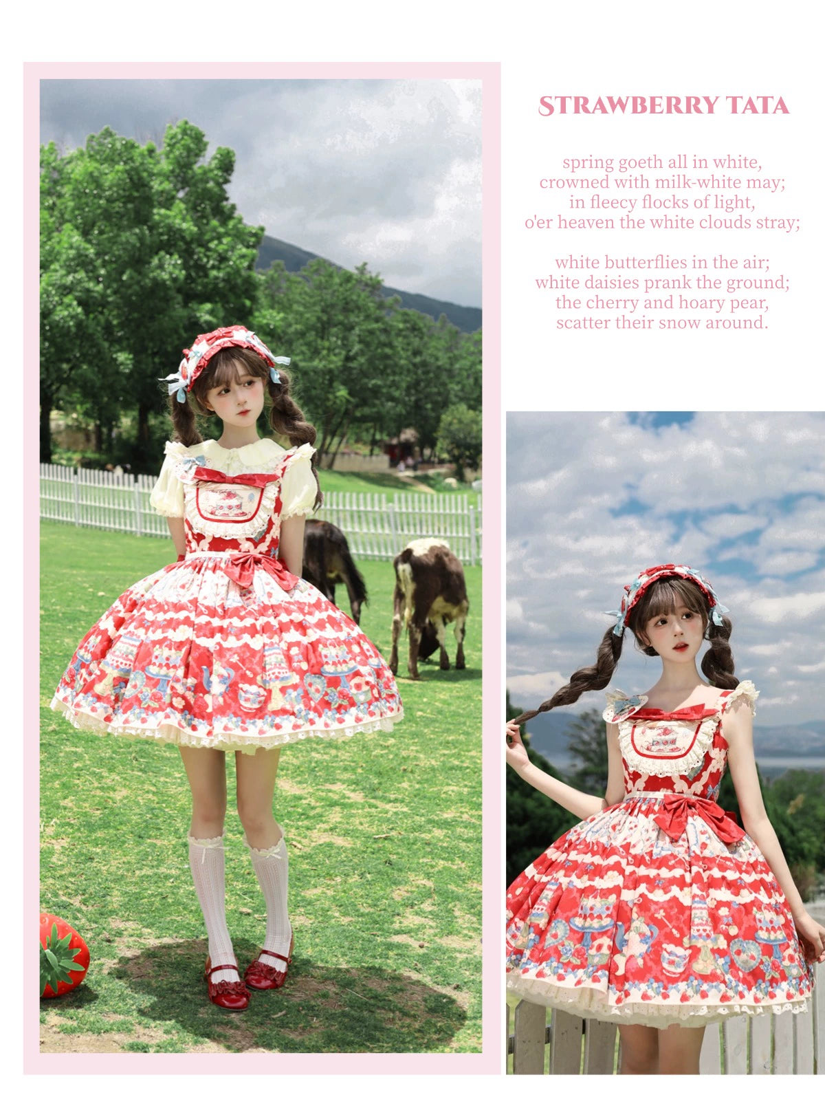 Rose Whispers - Strawberry Tata - Sweet Lolita Dress Suit With Strawberry Cake Print 43173:769146