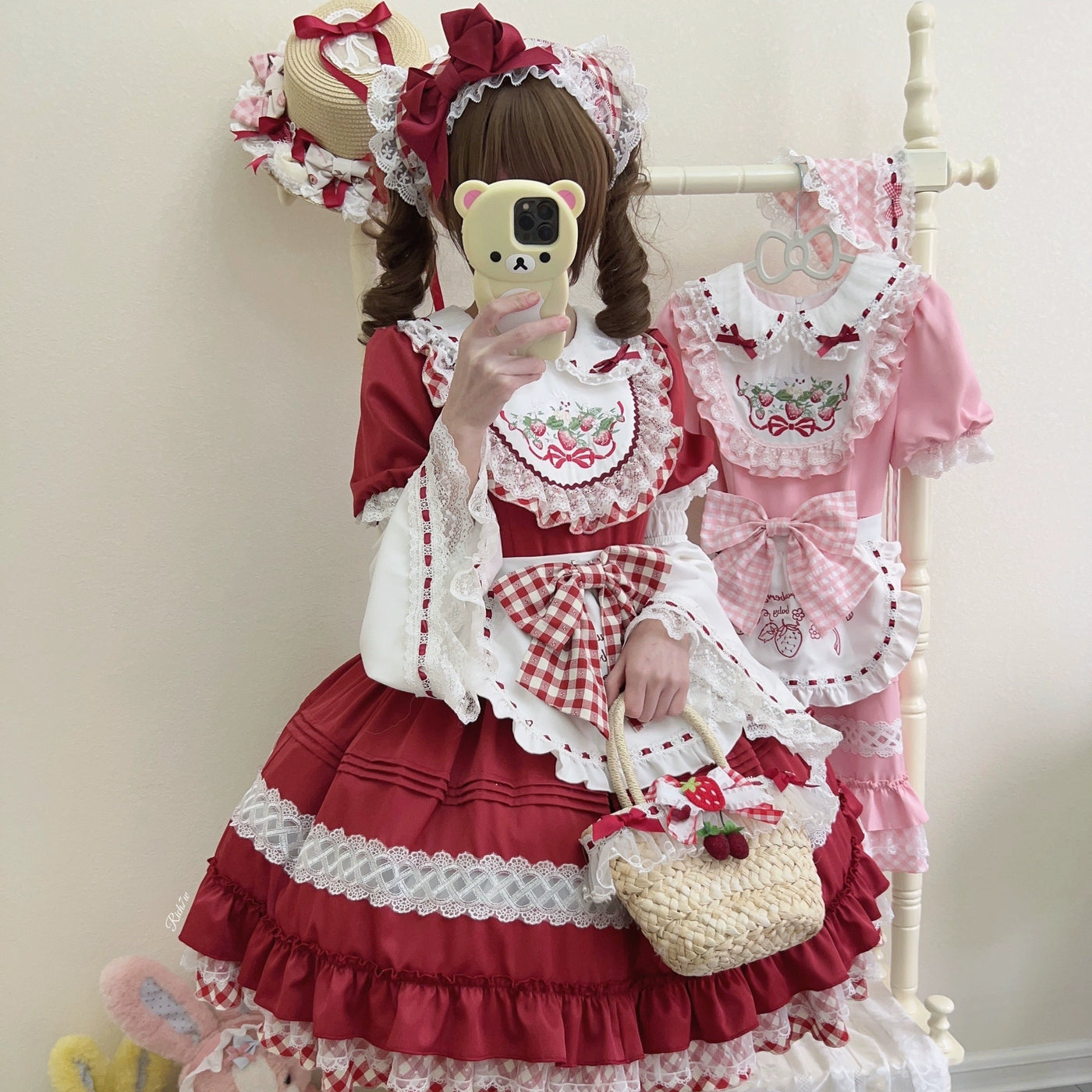 Sugar Girl~Strawberry Tea~Sweet Red Lolita OP Dress Short Sleeve Apron Dress S A pair of sleeves 
