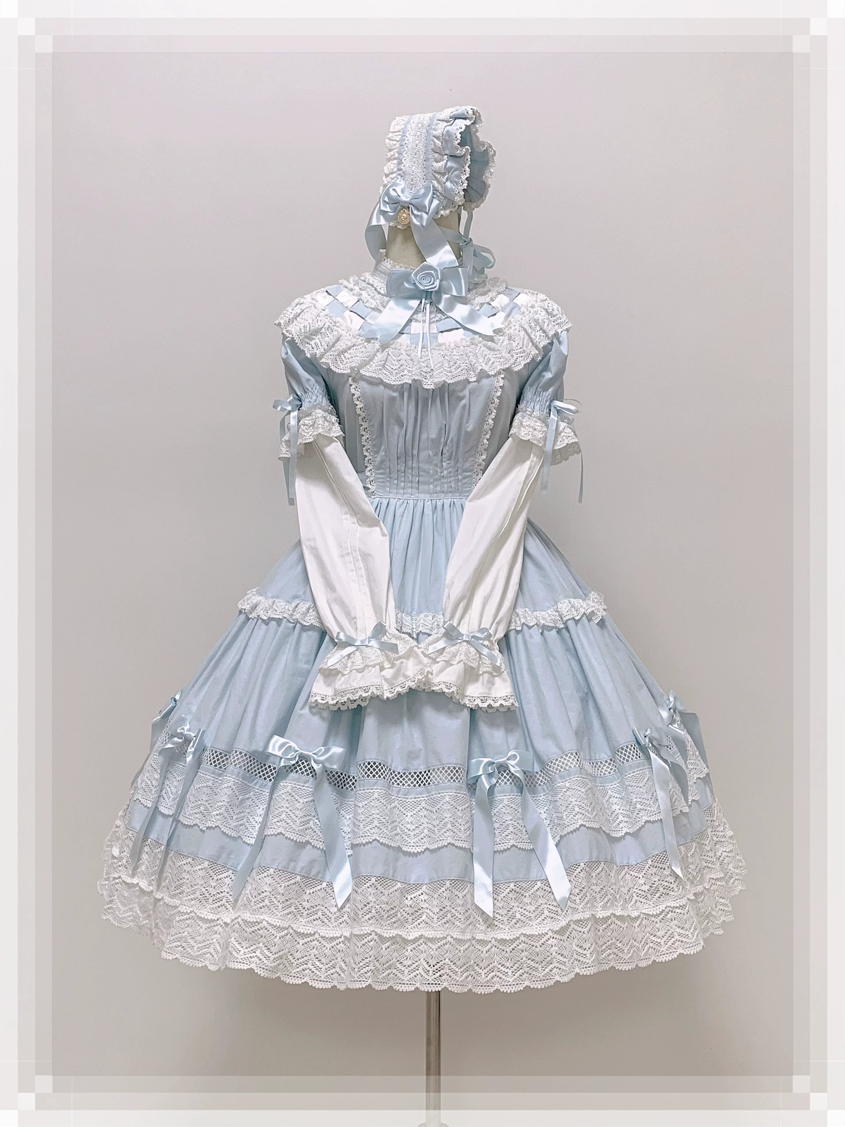 Edelburg Rose - Old School Lolita Cotton OP Dress Set, Detachable Sleeves (L M S XL) 45685:859064