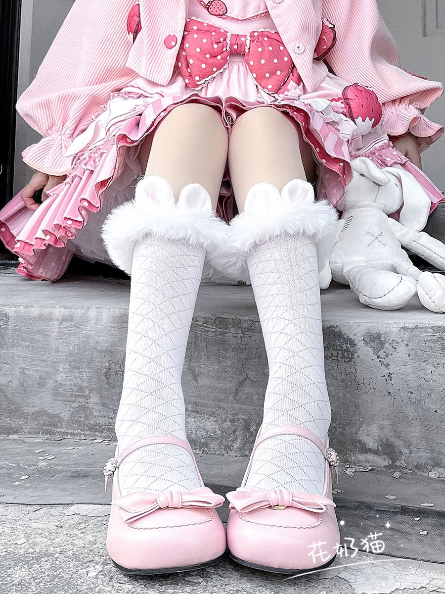 Hua Nai Cat - Winter Lolita Socks Cute Plush Lace Calf Socks
