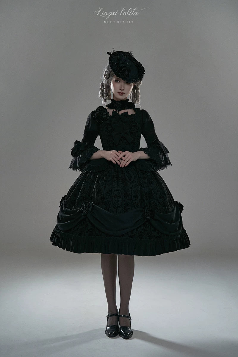 Midnight in Versailles - Gothic Lolita Hime Sleeve Blouse & Floral Skirt 44495:810533
