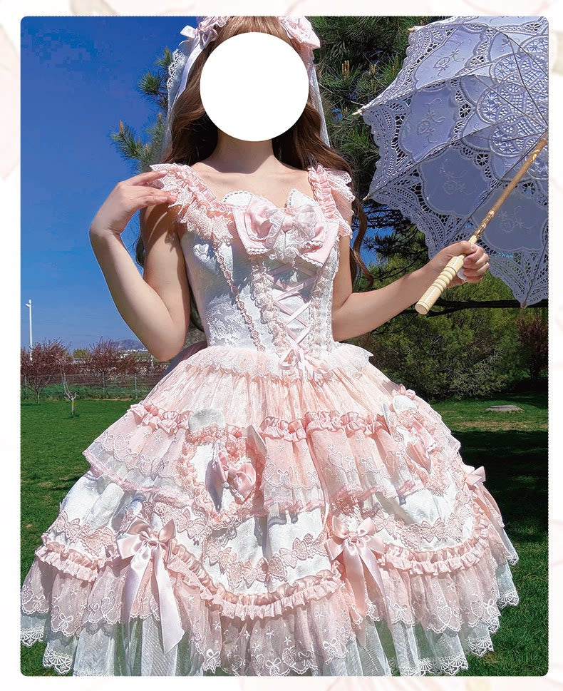 Heart Bear - Sweet Lolita Jacquard JSK Dress, Layered Lace