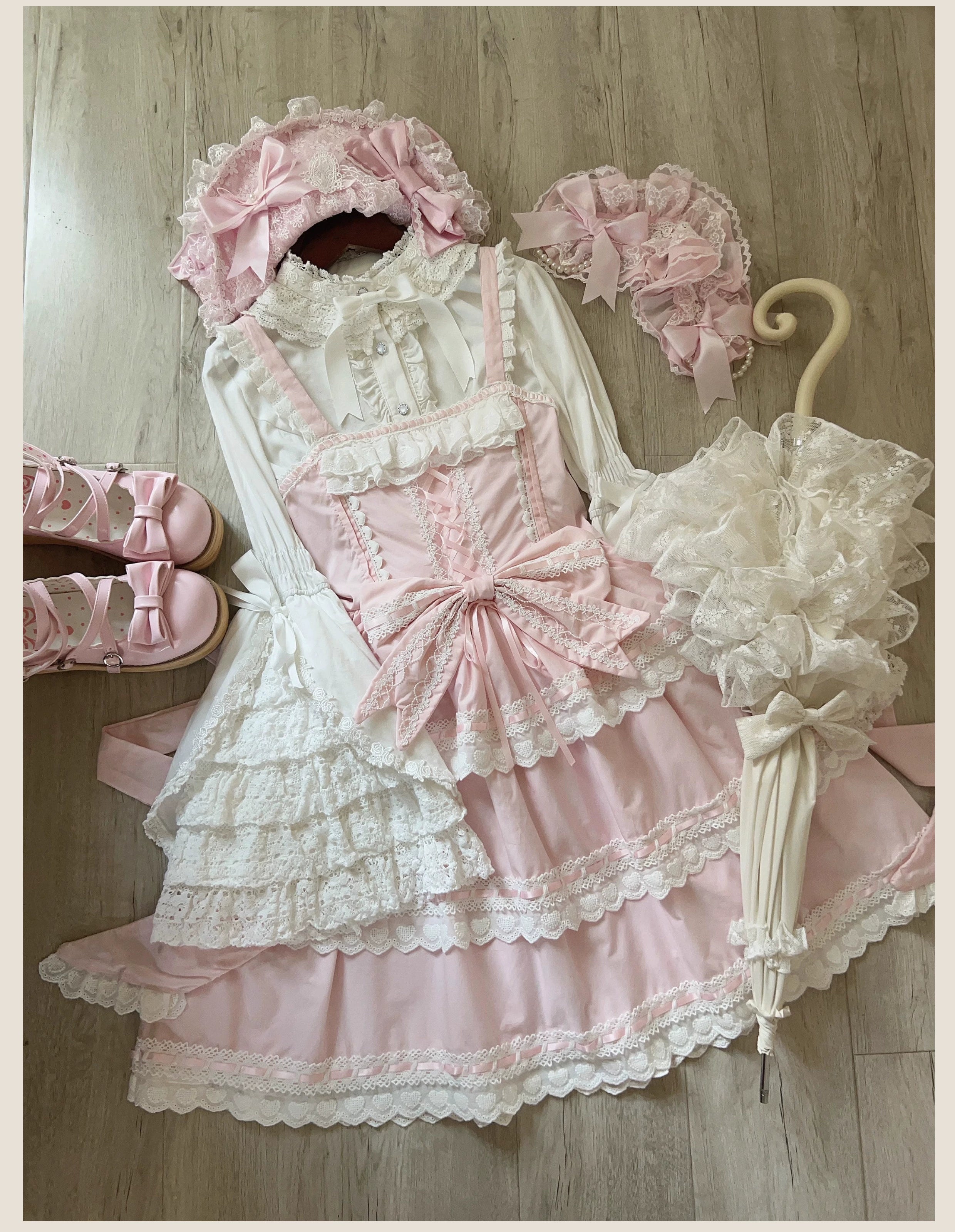 TaTaTa Lolita - Otome Heart - Cotton Old School Lolita JSK Dress Suit, Heart-Shaped Lace Trim 43381:774561