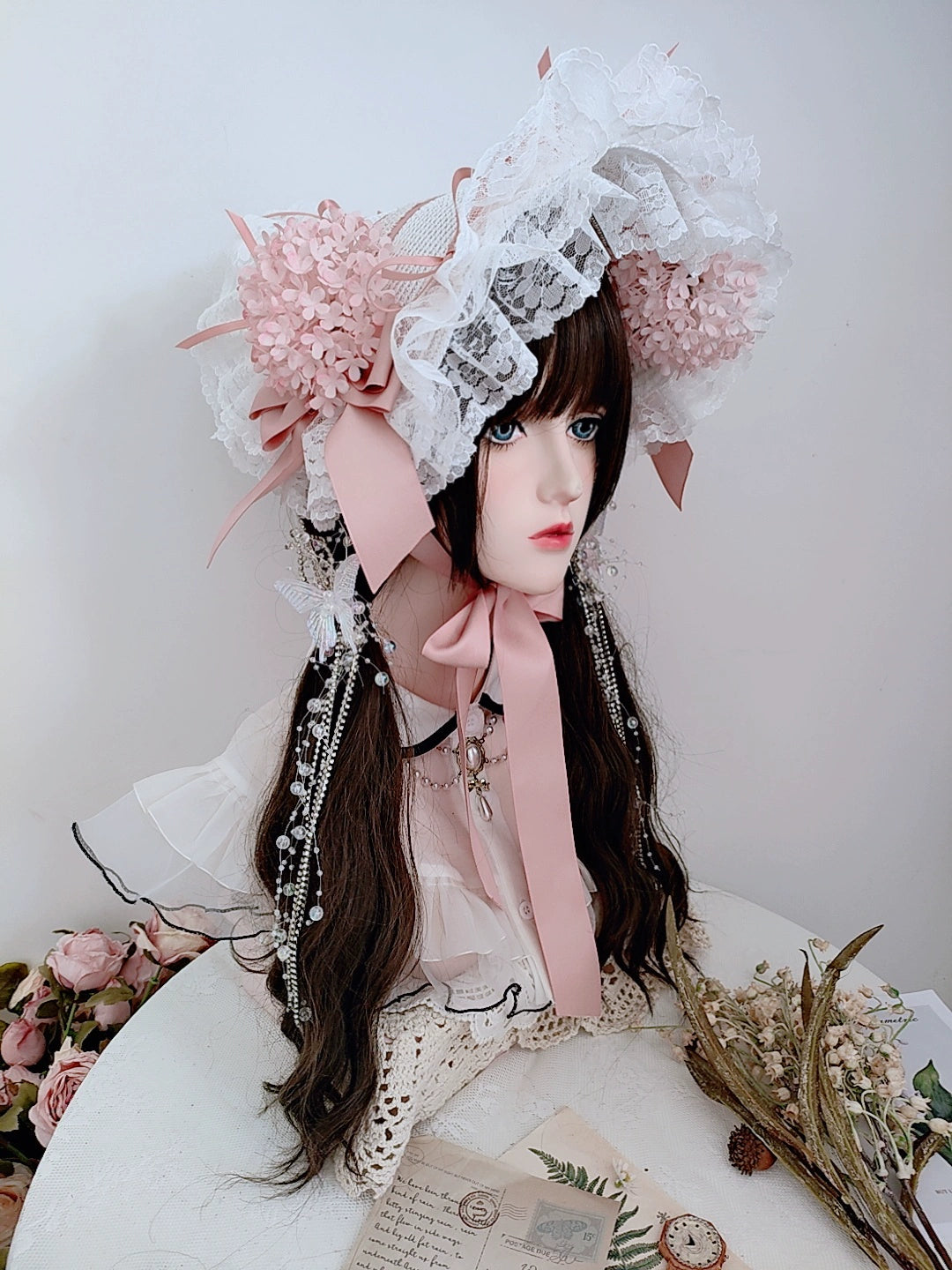 Honey Princess - Handmade Gothic Lolita BNT Halloween Lolita Hat Bottom with lace - white smoke pink