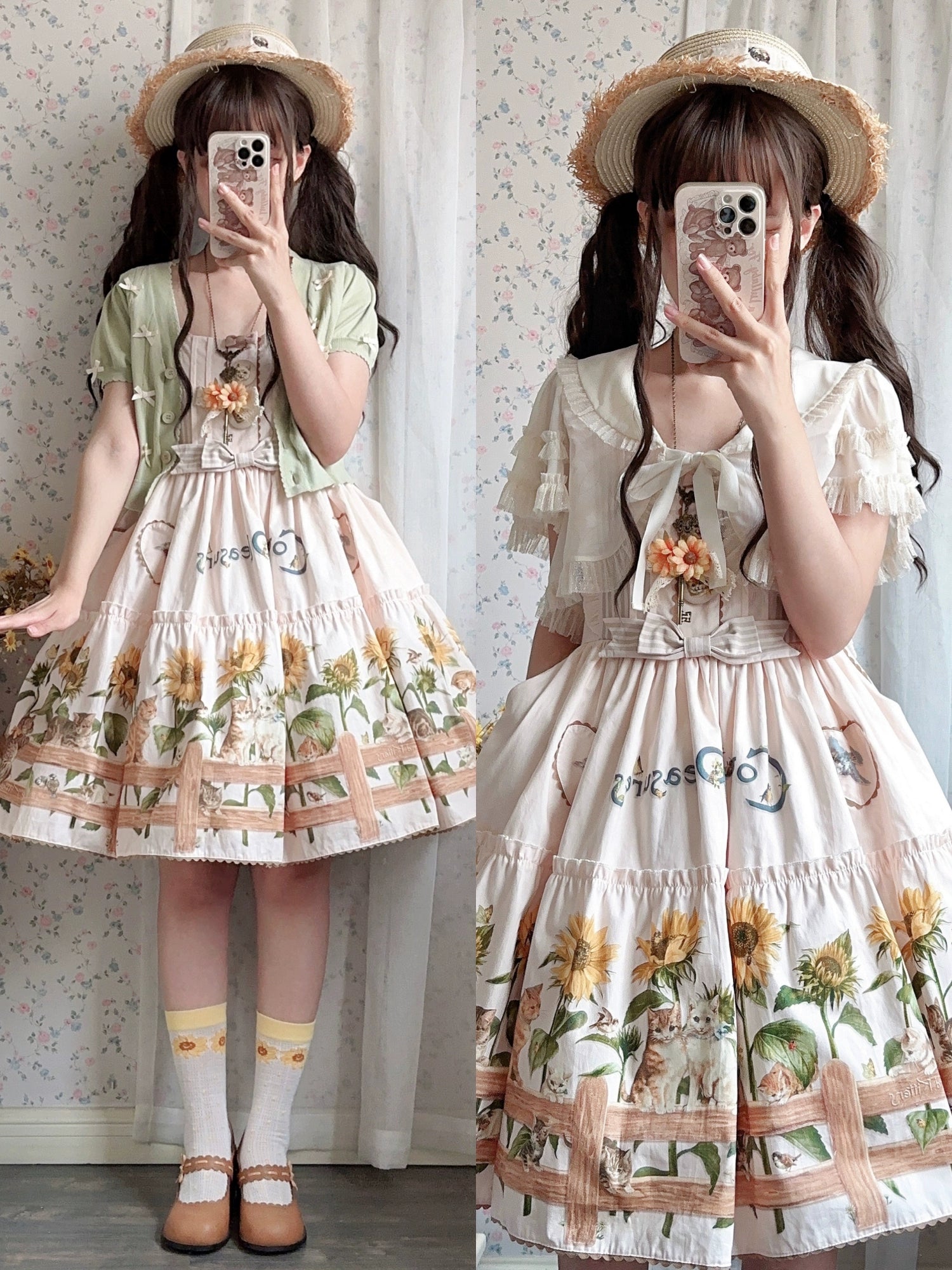 Polaris Lolita - Cat and Sunflower - Sweet Lolita JSK Cat and Sunflower Print Dress and Headdress Set 36738:526332