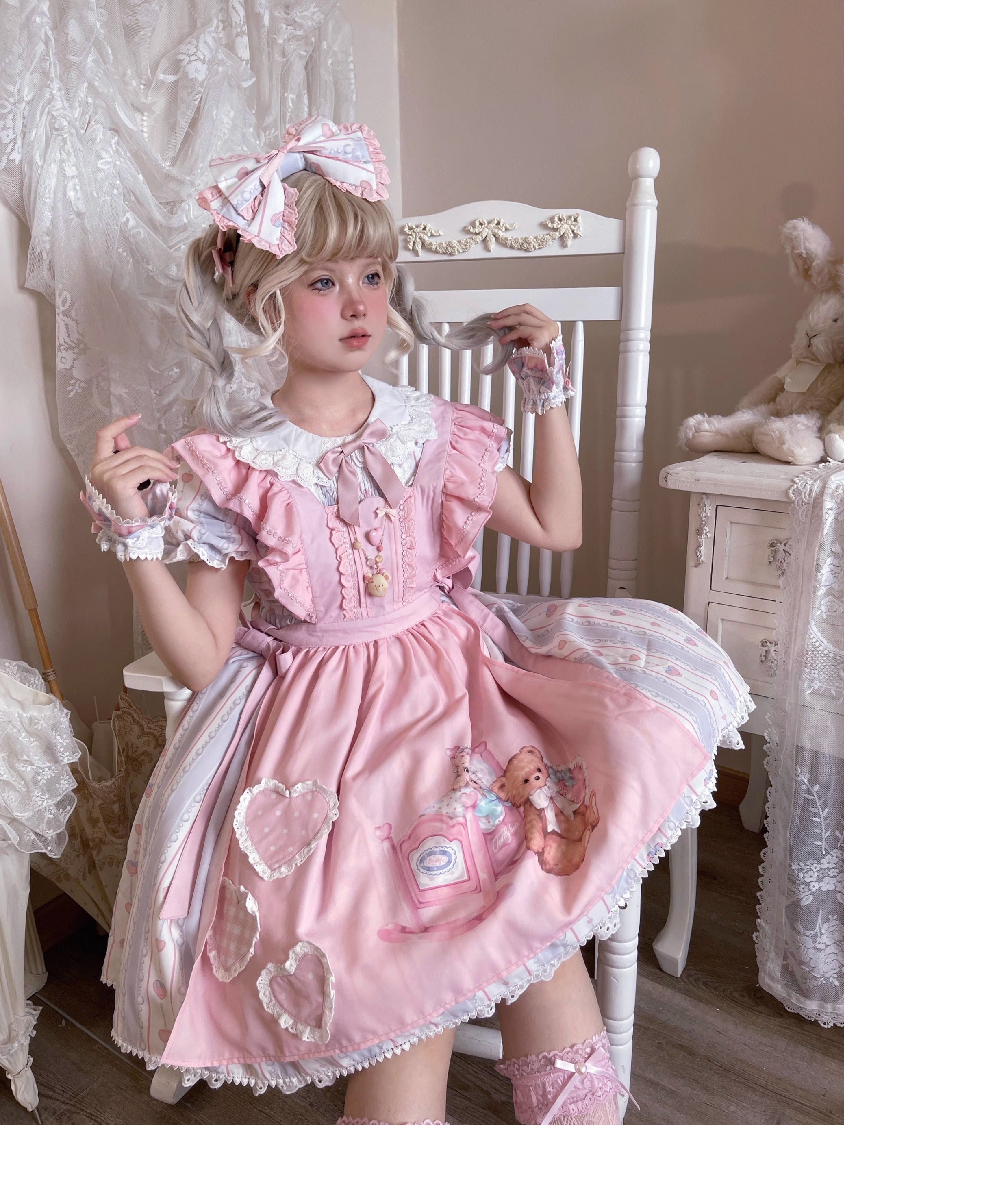Eternity Spring - Barbie Bear - Sweet Lolita Bear Print JSK and OP S type 2 OP full set (OP+ cuffs+bow KC+maid KC+apron+baby hat+a bear side clip+back bow)