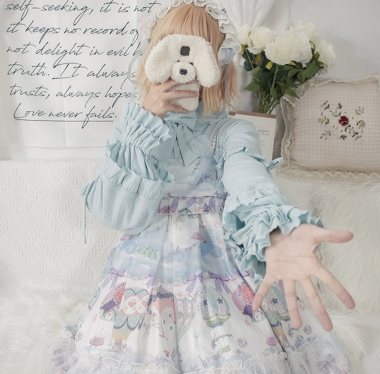 MIST - First Snow - Sweet Lolita Sweater Winter Puff Sleeve Knitting Innerwear Sky-blue sweater only S