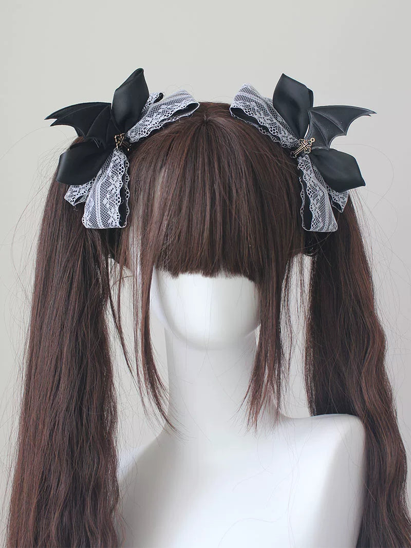 Gothic Lolita Hair Clips, Cross & Devil Wings Black and White