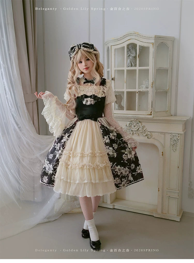 Spring of Golden Lily - Satin Classic Lolita Lily Print Dress, Front Opening 45507:852406
