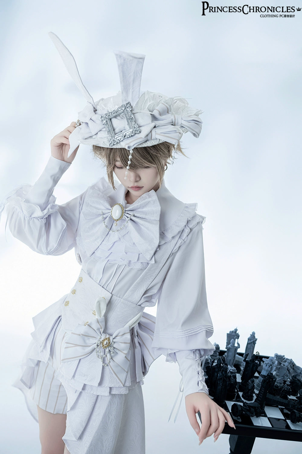 Princess Chronicles - Rabbit Theater White Moonlight - Ouji Lolita Shorts Set Corset and Rabbit Hat Accessory