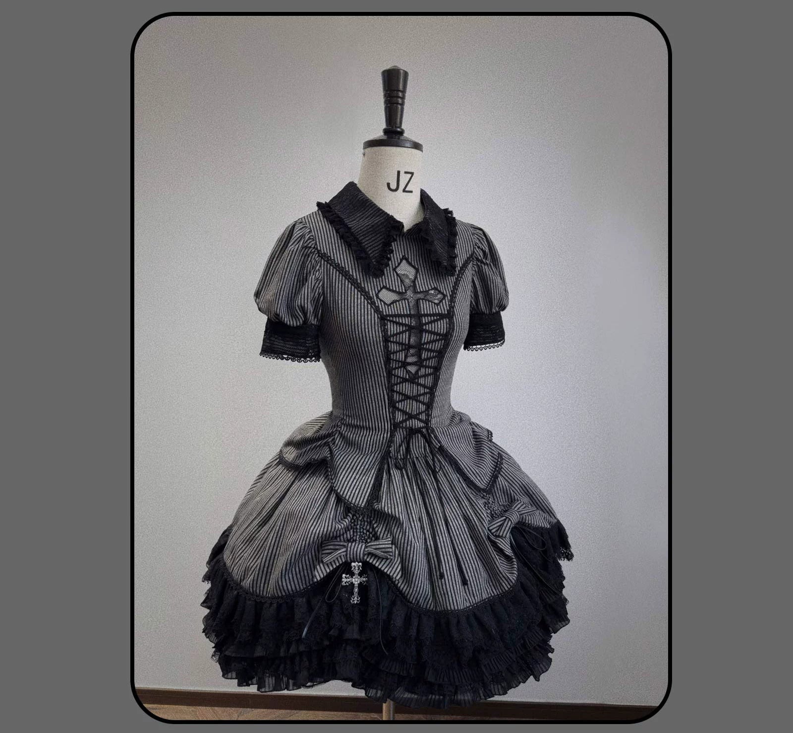 Striped Cross - Gothic Coordinated Lolita Set, Adjustable Blouse & Skirt Black Suit (Blouse + Skirt) One Size