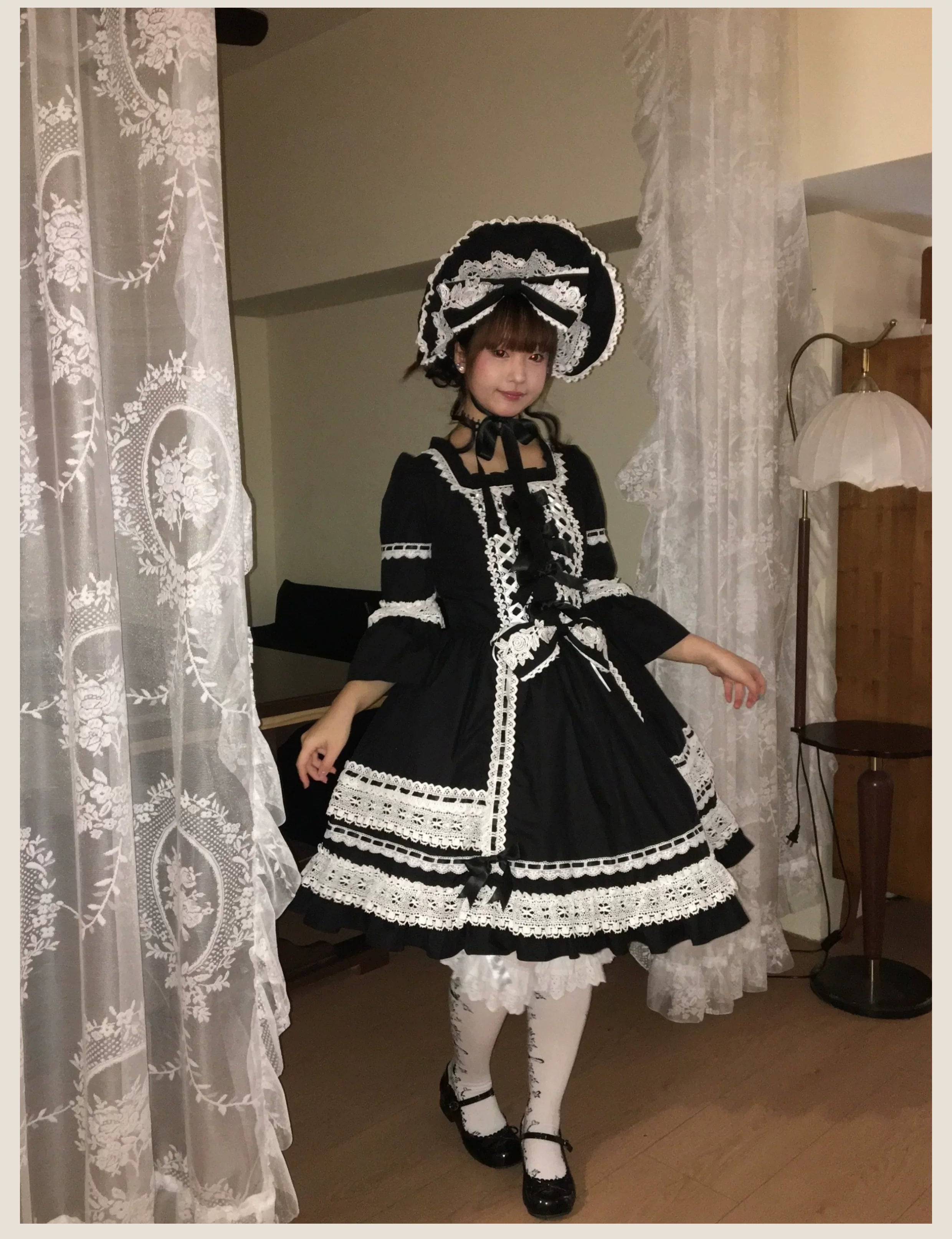 First Otome - Black Old School Lolita OP Dress, Lace Details 44645:816976
