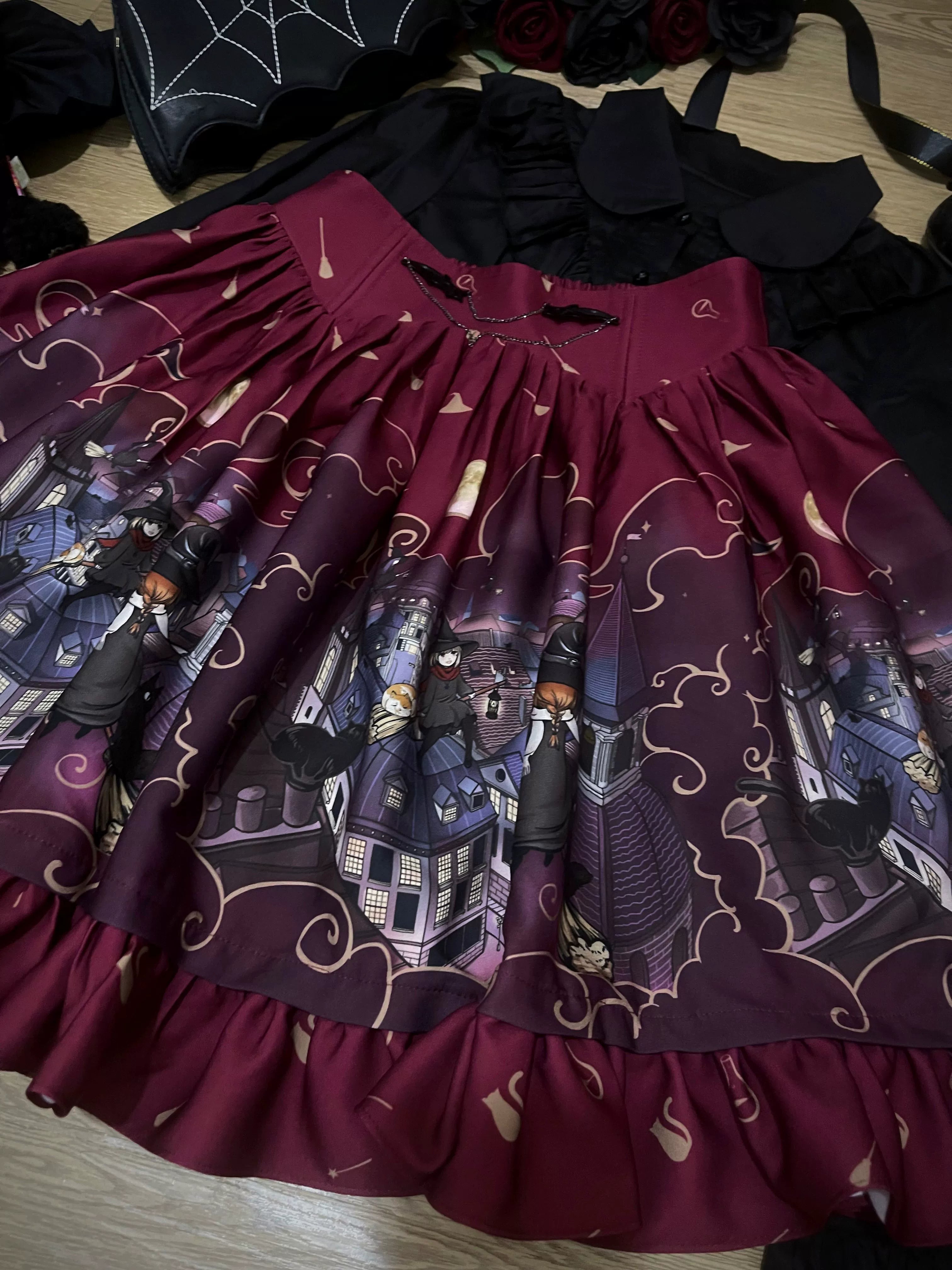Magic Tea Party - Witching Night - Gothic Lolita SK Halloween Chiffon Skirt Short - Burgundy SK Only M