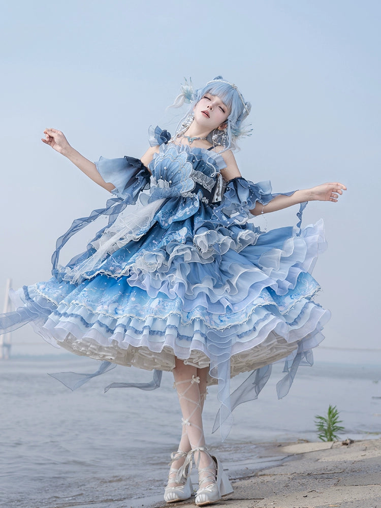 YingLuoFu - Blue Breath Jellyfish - Classic Lolita Jumper Dress, Side Zipper JSK + Trailing Only S