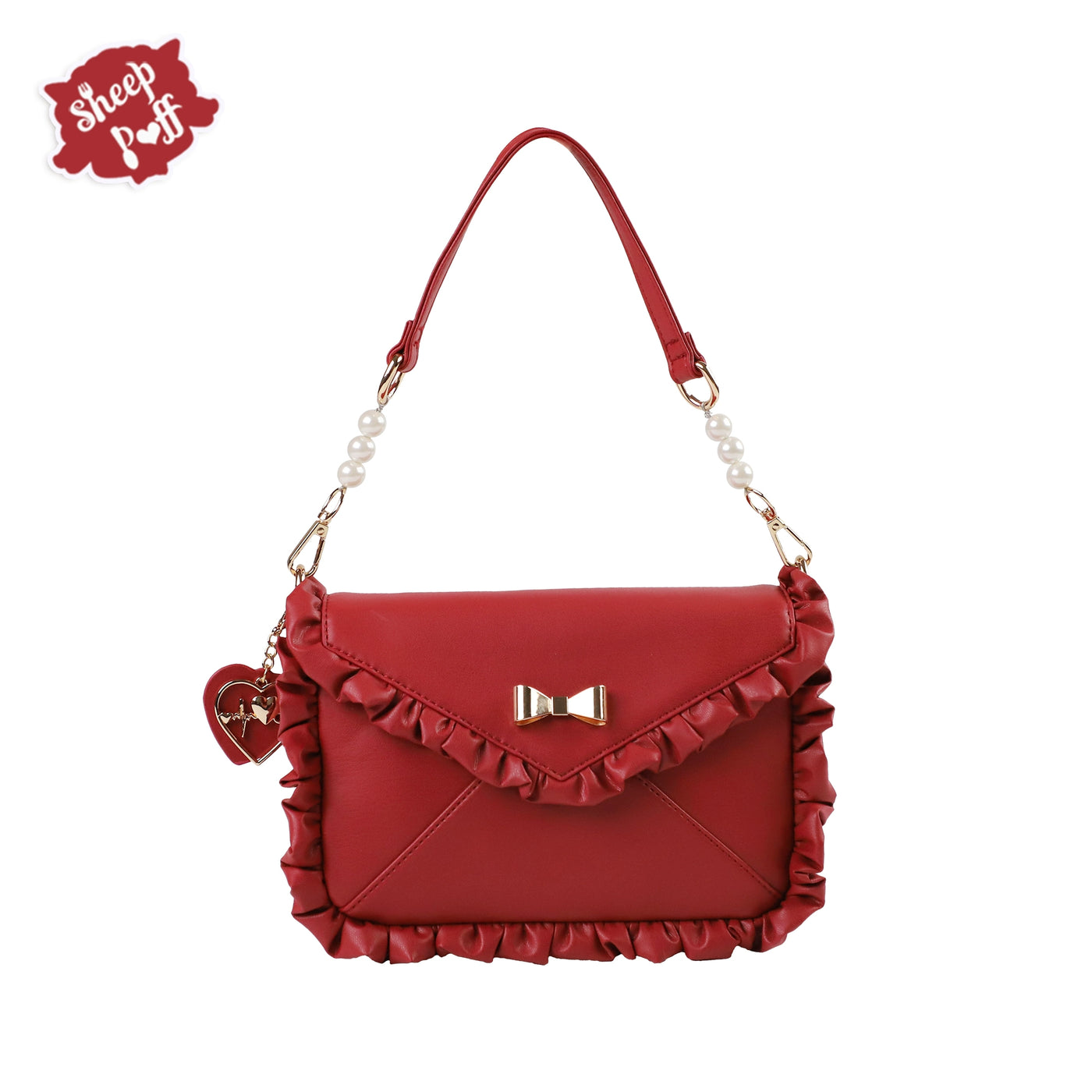 Sheep Puff~Love Letter~Sweet Lolita Bow Solid Color Women's Bag red large size  