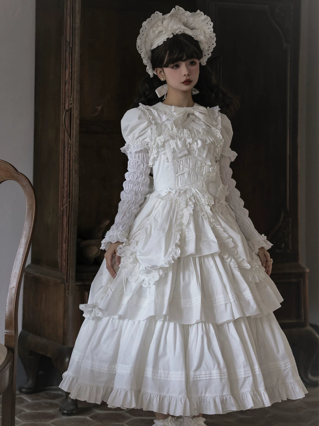 Cotton Gothic Lolita Long JSK, Drawn-up Hem (White / L M S) 45213:841029