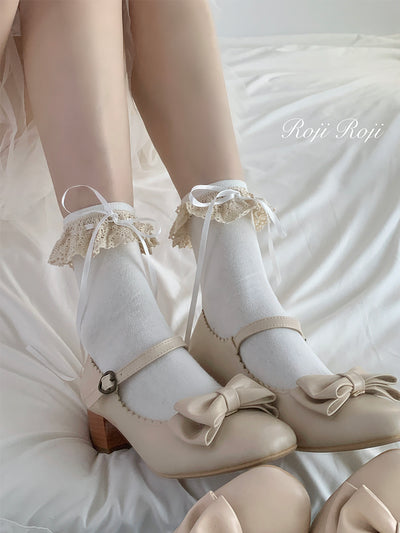 Roji Roji~Isabella~Sweet Lolita Lace Mid-Calf Socks Multicolors size milk white short socks with white ribbon 
