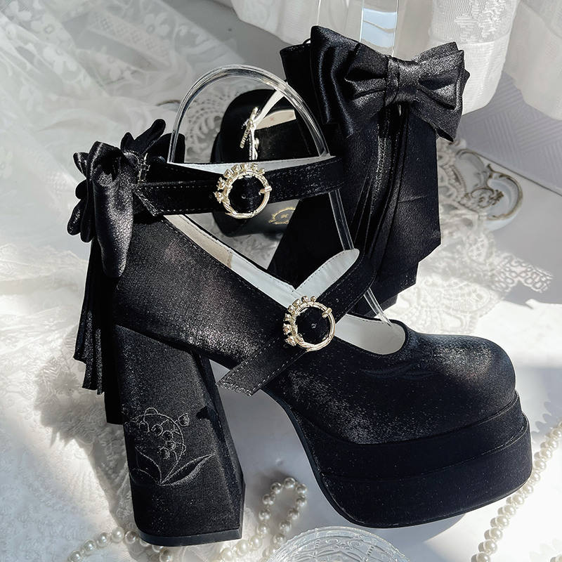 Dreamland - Floating Dream Lily - Elegant Lolita High Heel Shoes, Detachable Bow (34 35 36 37 38 39 40 41 / Black) 39502:622022