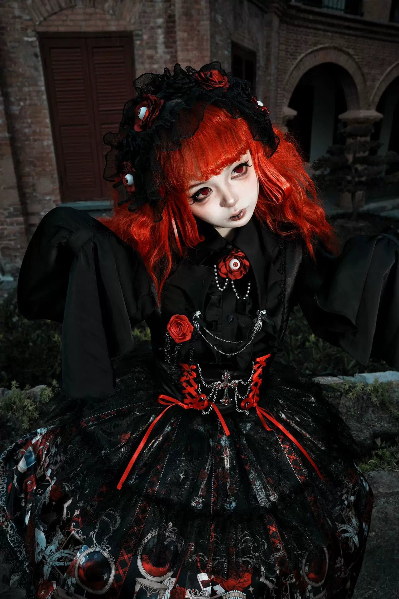 Blood Research Lab - Gothic Lolita JSK Dress, Rose & Skull Print 44449:808784